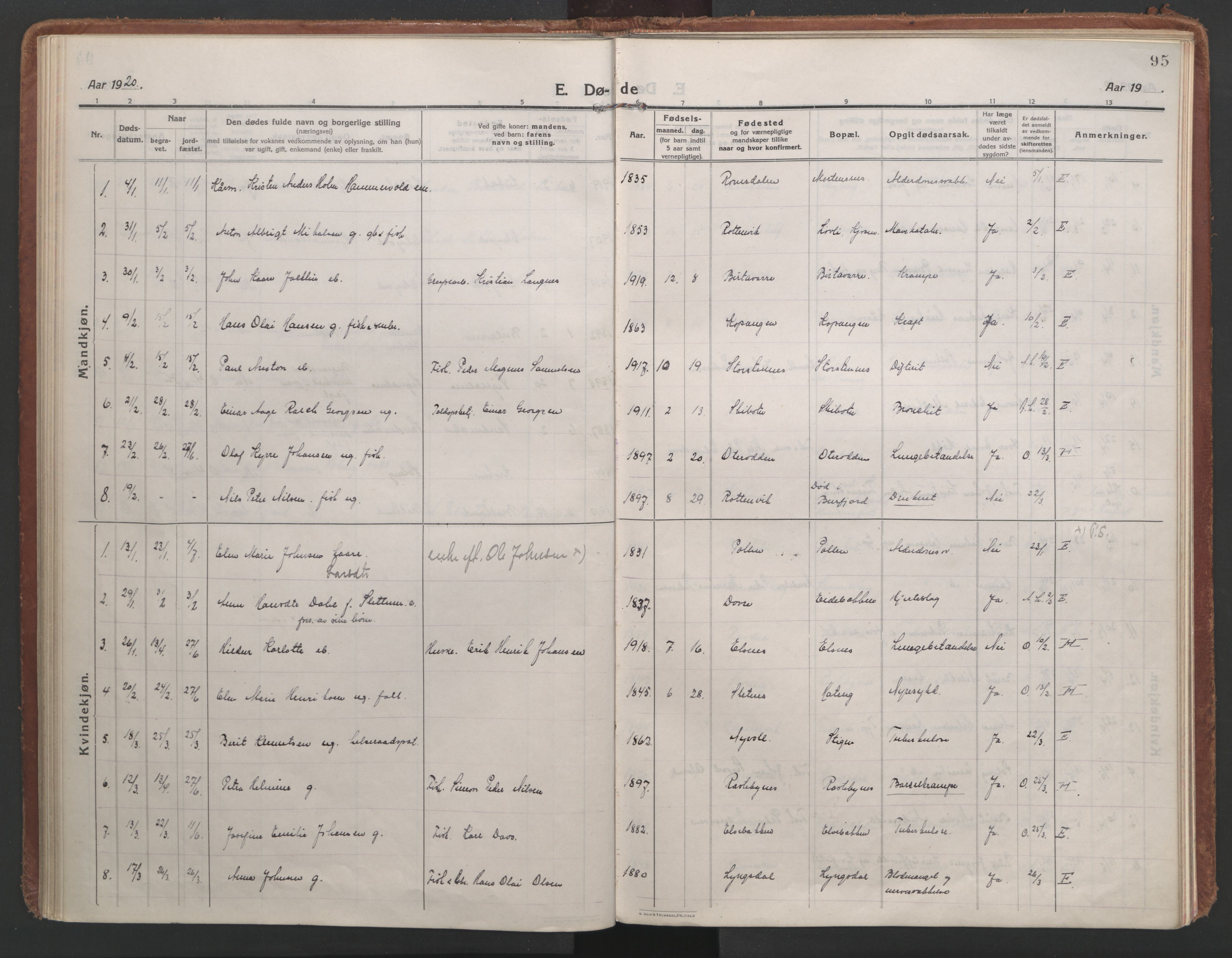 Lyngen sokneprestembete, AV/SATØ-S-1289/H/He/Hea/L0013kirke: Parish register (official) no. 13, 1914-1923, p. 95