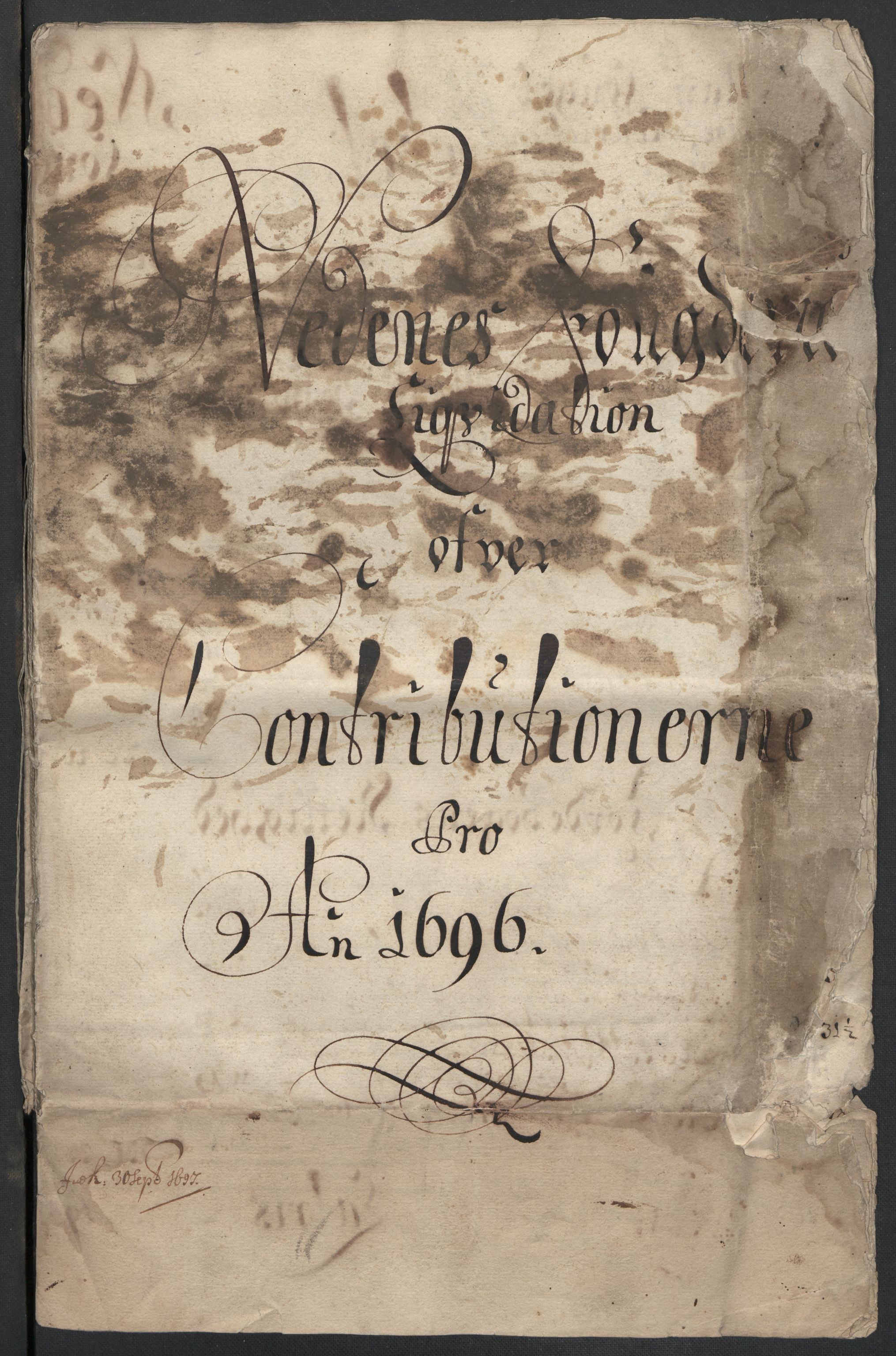 Rentekammeret inntil 1814, Reviderte regnskaper, Fogderegnskap, AV/RA-EA-4092/R39/L2313: Fogderegnskap Nedenes, 1696-1697, p. 3