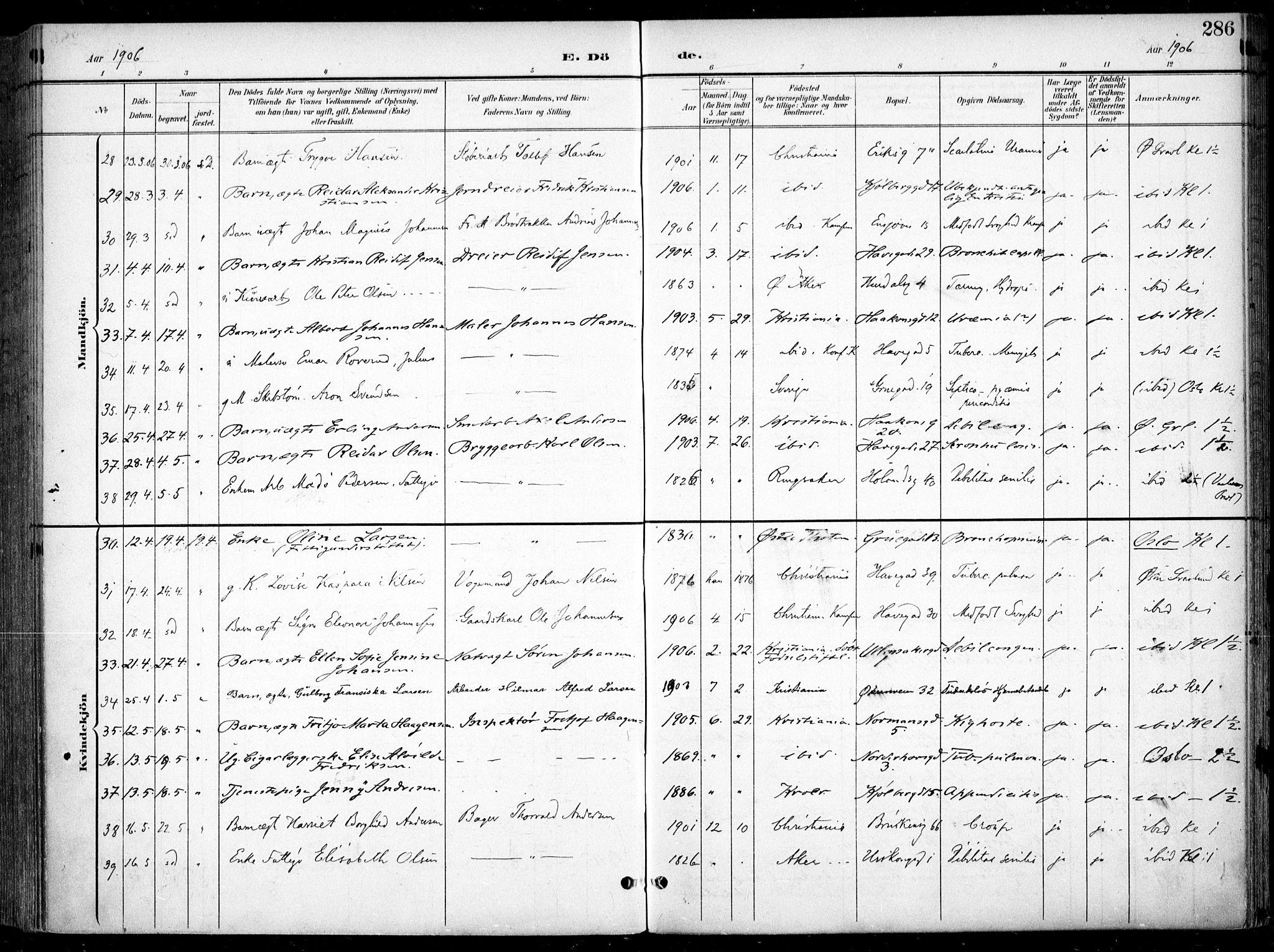 Kampen prestekontor Kirkebøker, AV/SAO-A-10853/F/Fa/L0009: Parish register (official) no. I 9, 1899-1911, p. 286