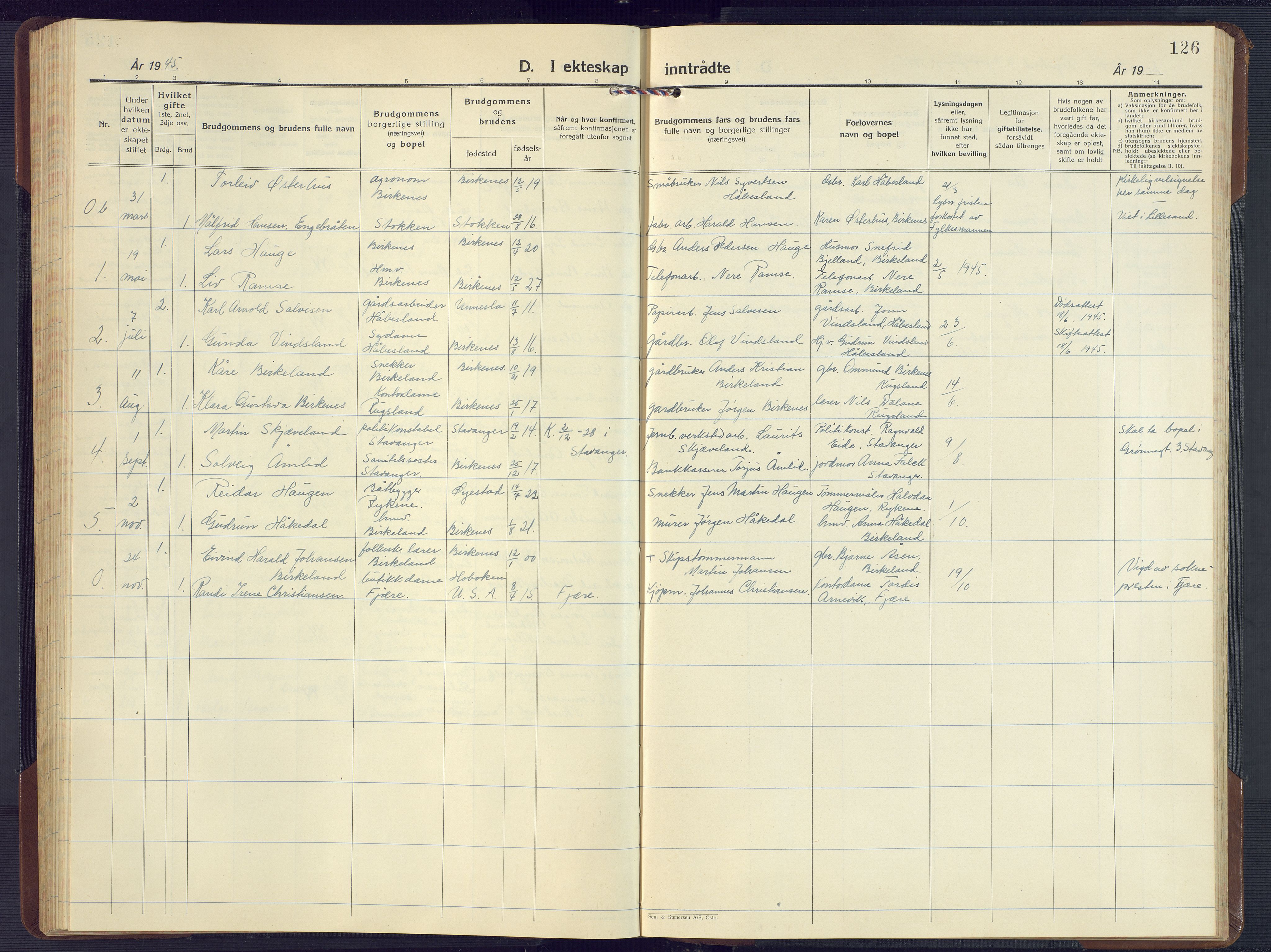 Birkenes sokneprestkontor, SAK/1111-0004/F/Fb/L0005: Parish register (copy) no. B 5, 1930-1957, p. 126