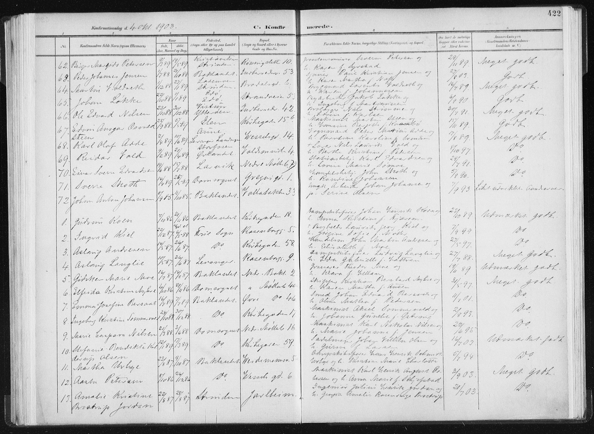 Ministerialprotokoller, klokkerbøker og fødselsregistre - Sør-Trøndelag, AV/SAT-A-1456/604/L0200: Parish register (official) no. 604A20II, 1901-1908, p. 422