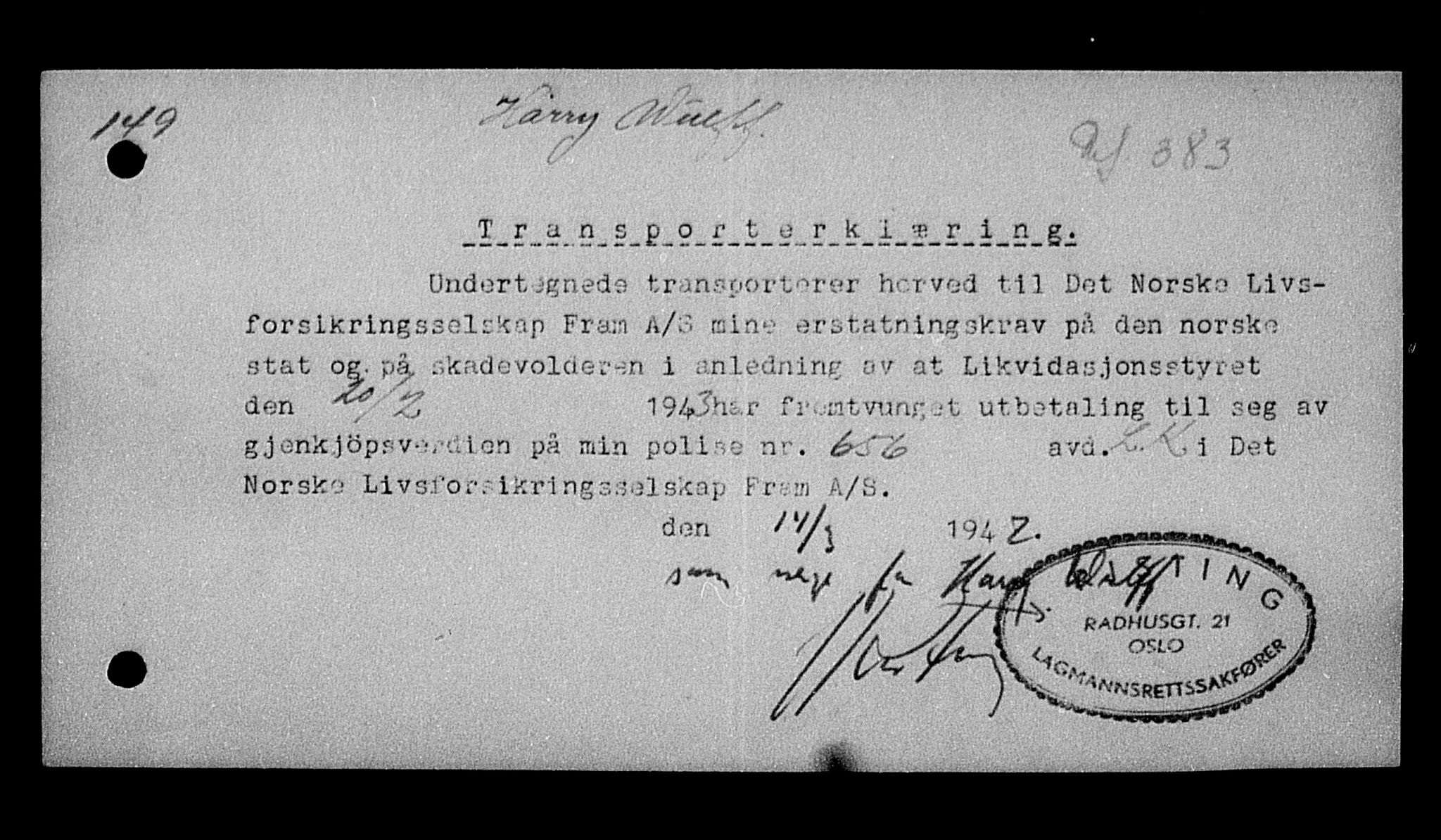 Justisdepartementet, Tilbakeføringskontoret for inndratte formuer, AV/RA-S-1564/H/Hc/Hcc/L0988: --, 1945-1947, p. 5