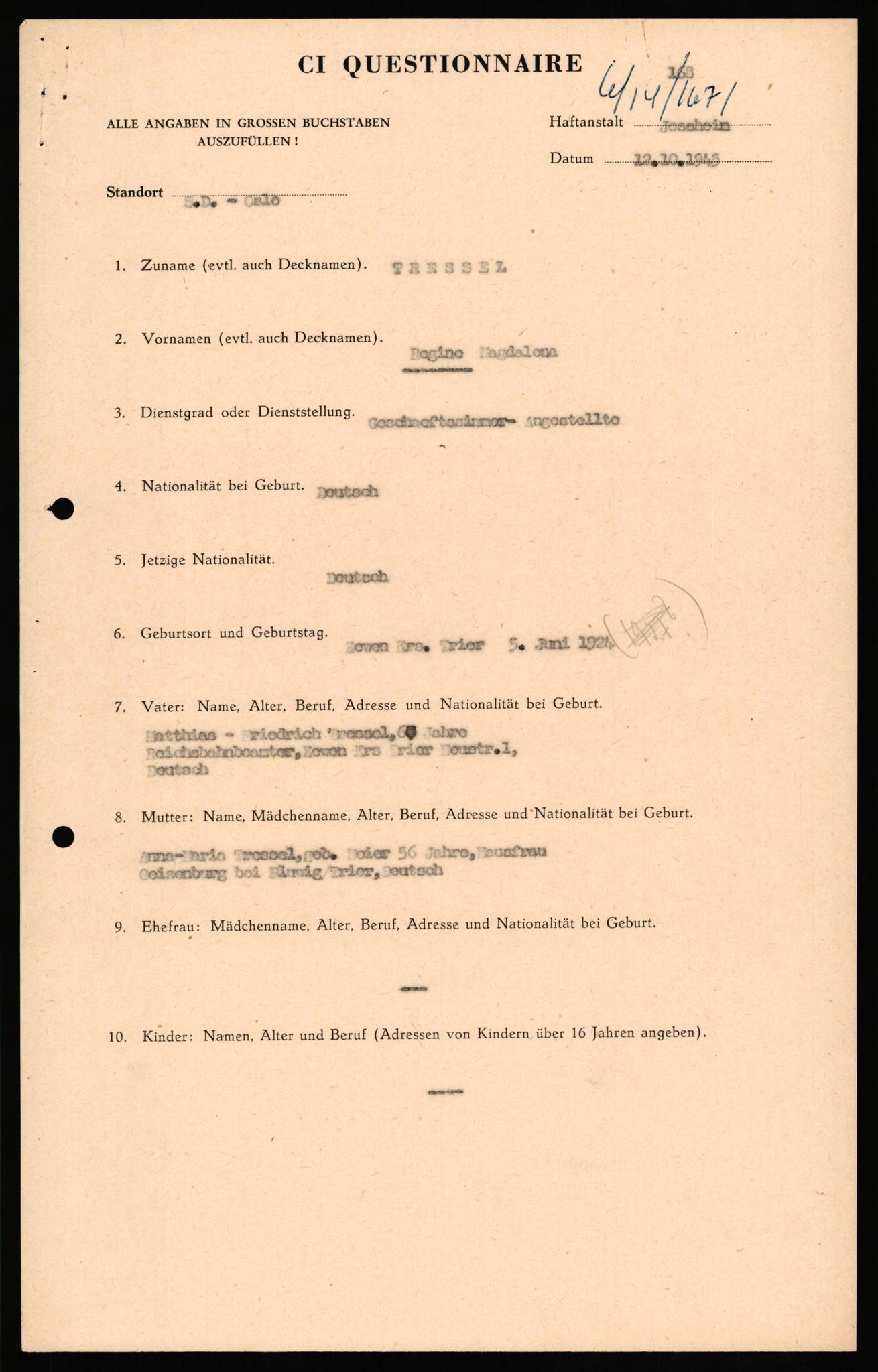 Forsvaret, Forsvarets overkommando II, AV/RA-RAFA-3915/D/Db/L0034: CI Questionaires. Tyske okkupasjonsstyrker i Norge. Tyskere., 1945-1946, p. 65