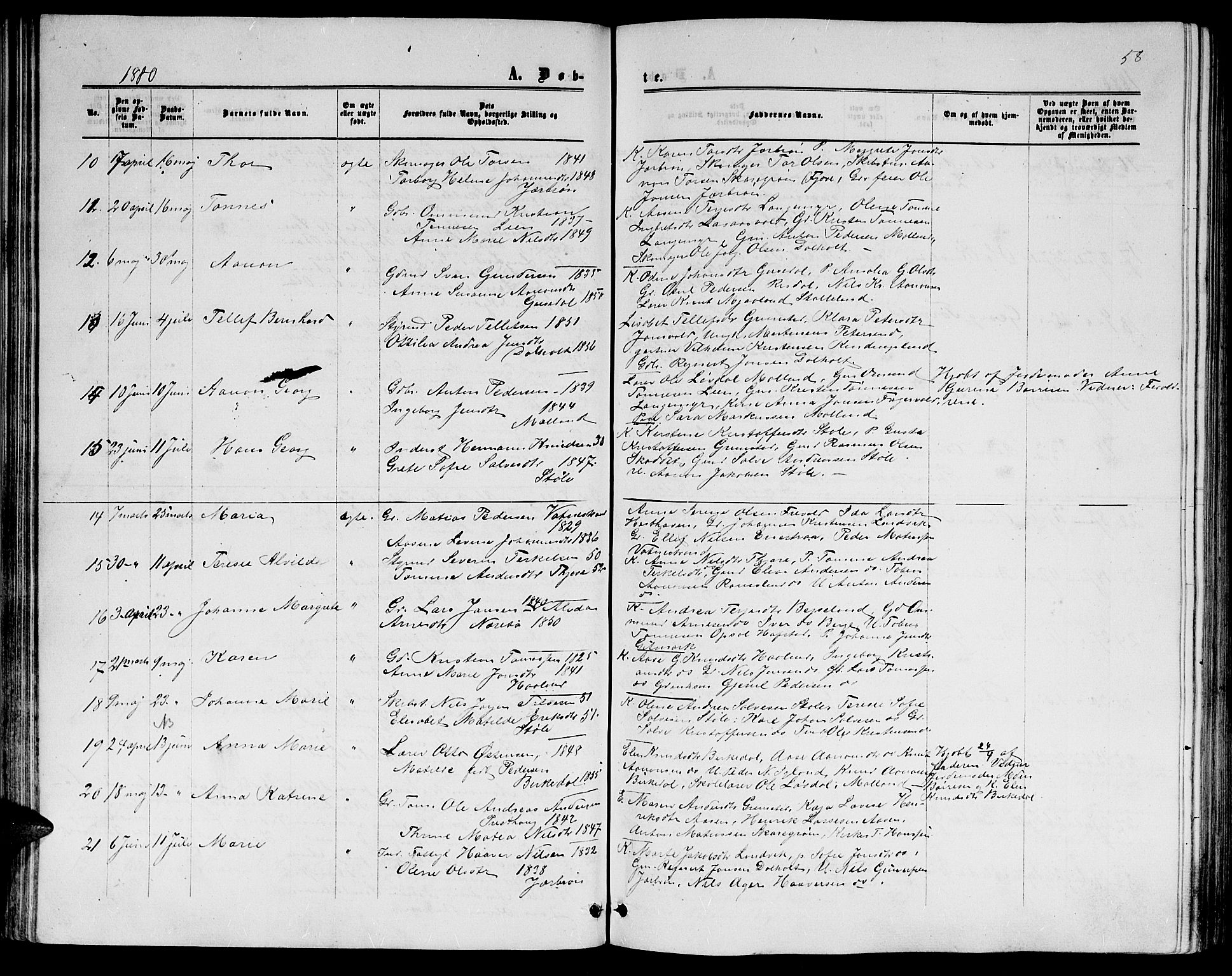 Hommedal sokneprestkontor, AV/SAK-1111-0023/F/Fb/Fbb/L0006: Parish register (copy) no. B 6, 1869-1884, p. 58