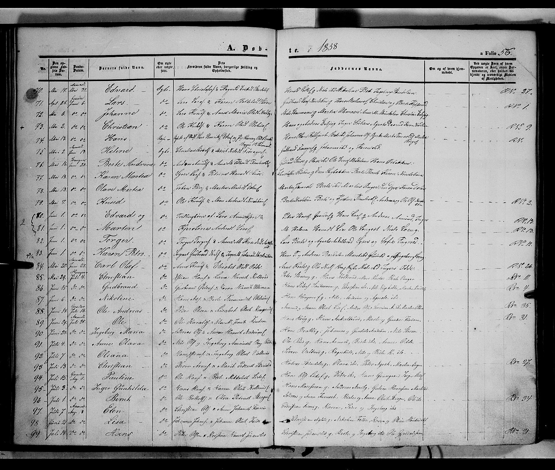 Land prestekontor, AV/SAH-PREST-120/H/Ha/Haa/L0010: Parish register (official) no. 10, 1847-1859, p. 56