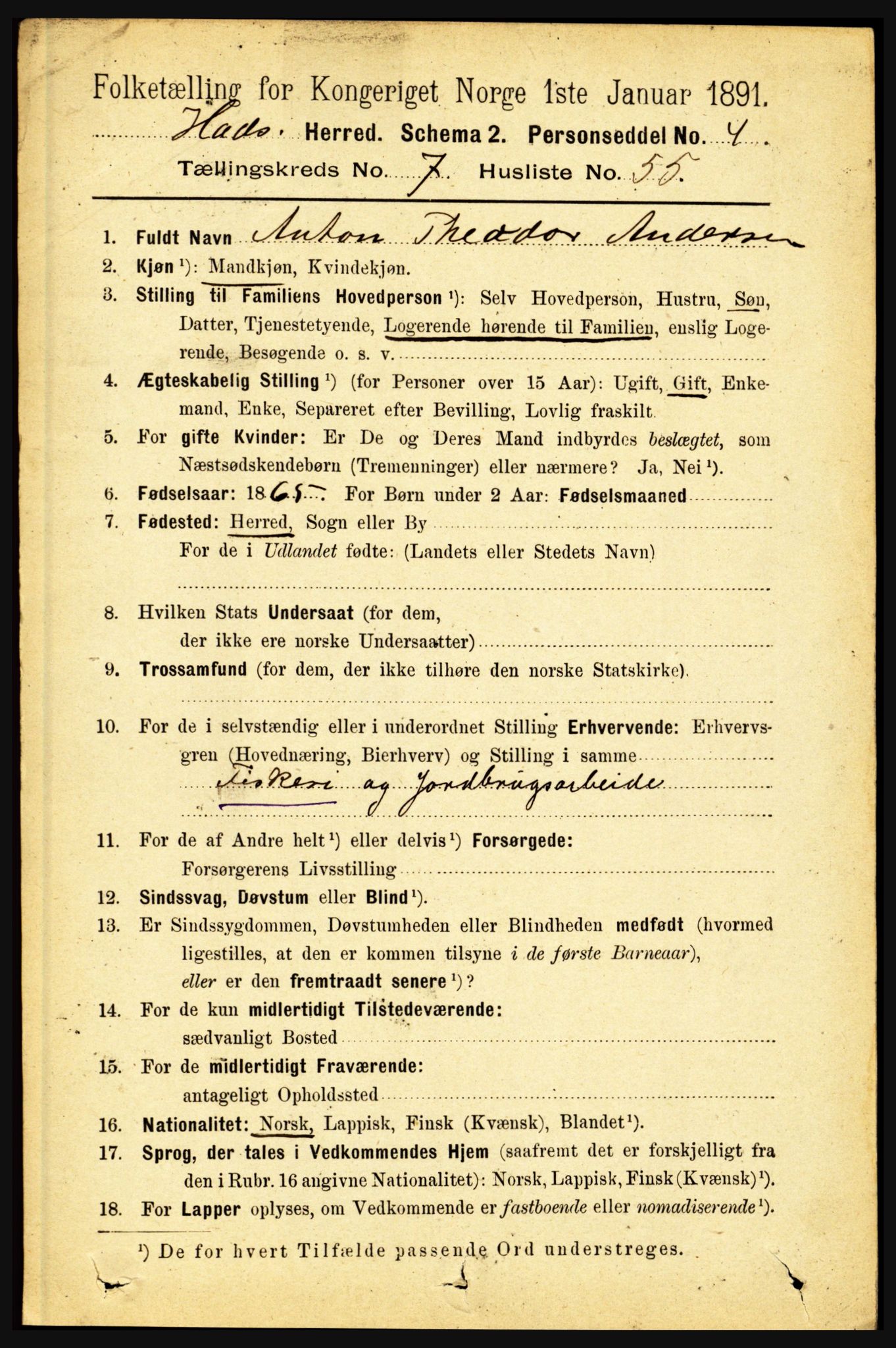 RA, 1891 census for 1866 Hadsel, 1891, p. 3527