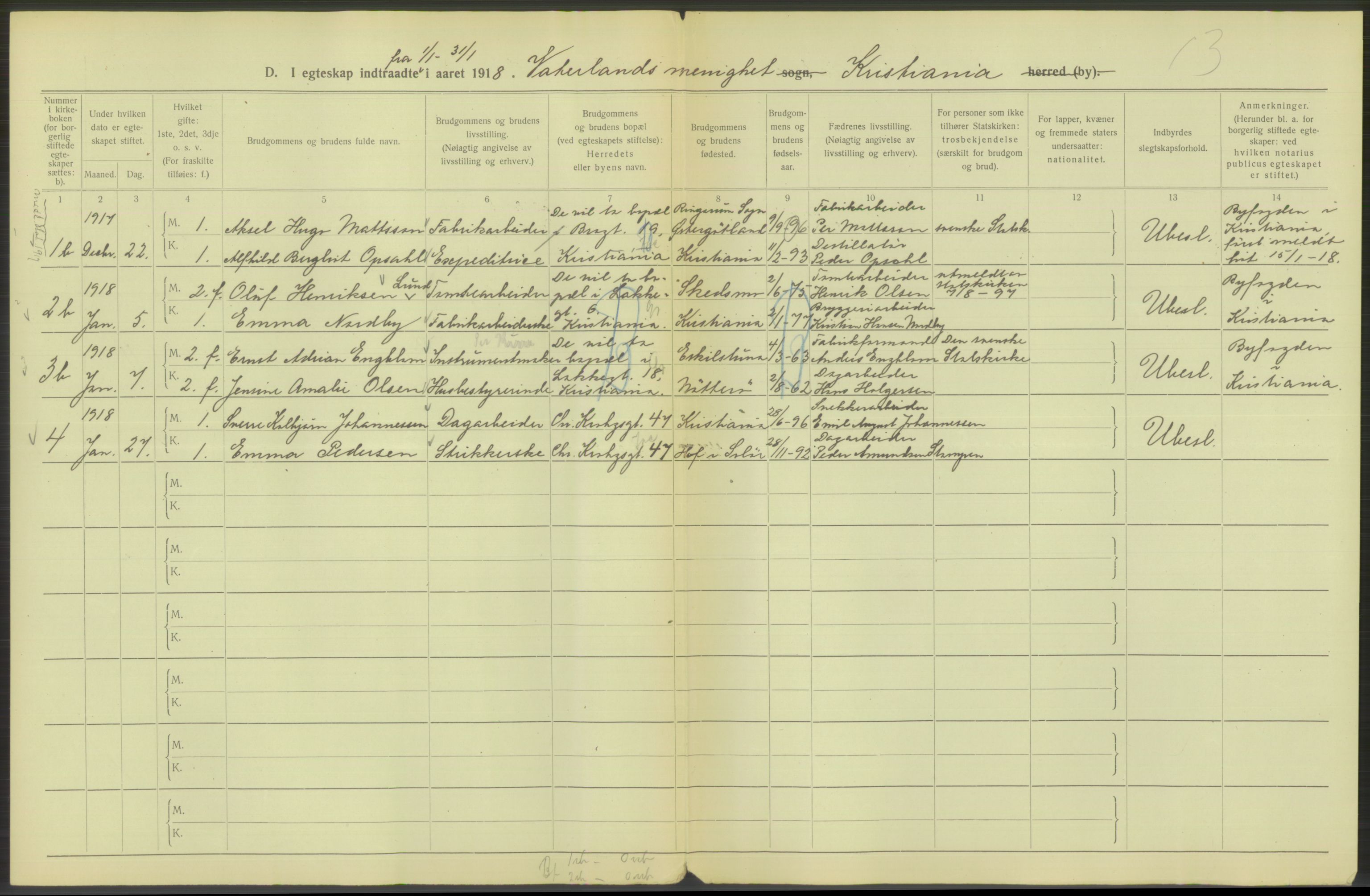 Statistisk sentralbyrå, Sosiodemografiske emner, Befolkning, AV/RA-S-2228/D/Df/Dfb/Dfbh/L0009: Kristiania: Gifte, 1918, p. 988