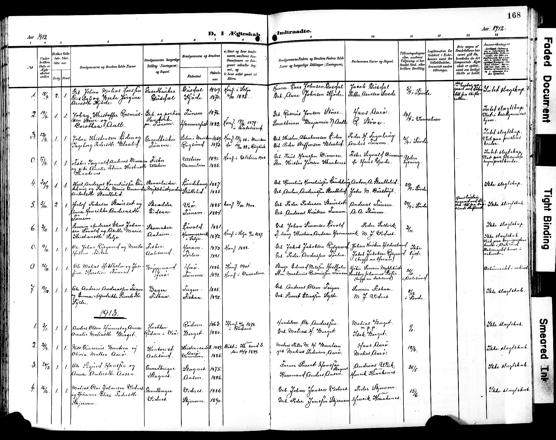 Ministerialprotokoller, klokkerbøker og fødselsregistre - Møre og Romsdal, SAT/A-1454/501/L0018: Parish register (copy) no. 501C04, 1902-1930, p. 168