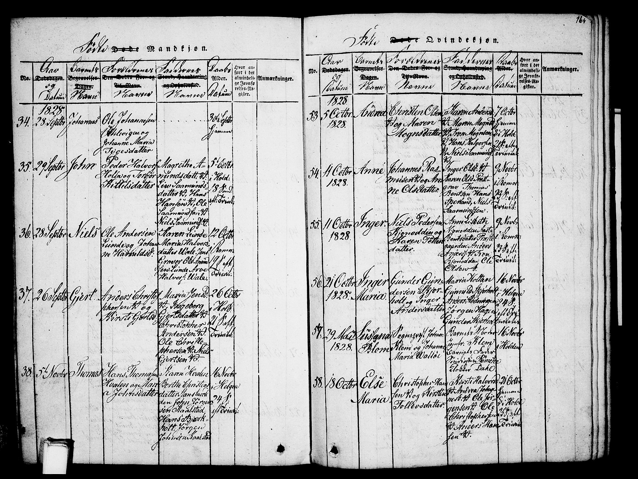 Holla kirkebøker, SAKO/A-272/G/Ga/L0001: Parish register (copy) no. I 1, 1814-1830, p. 164