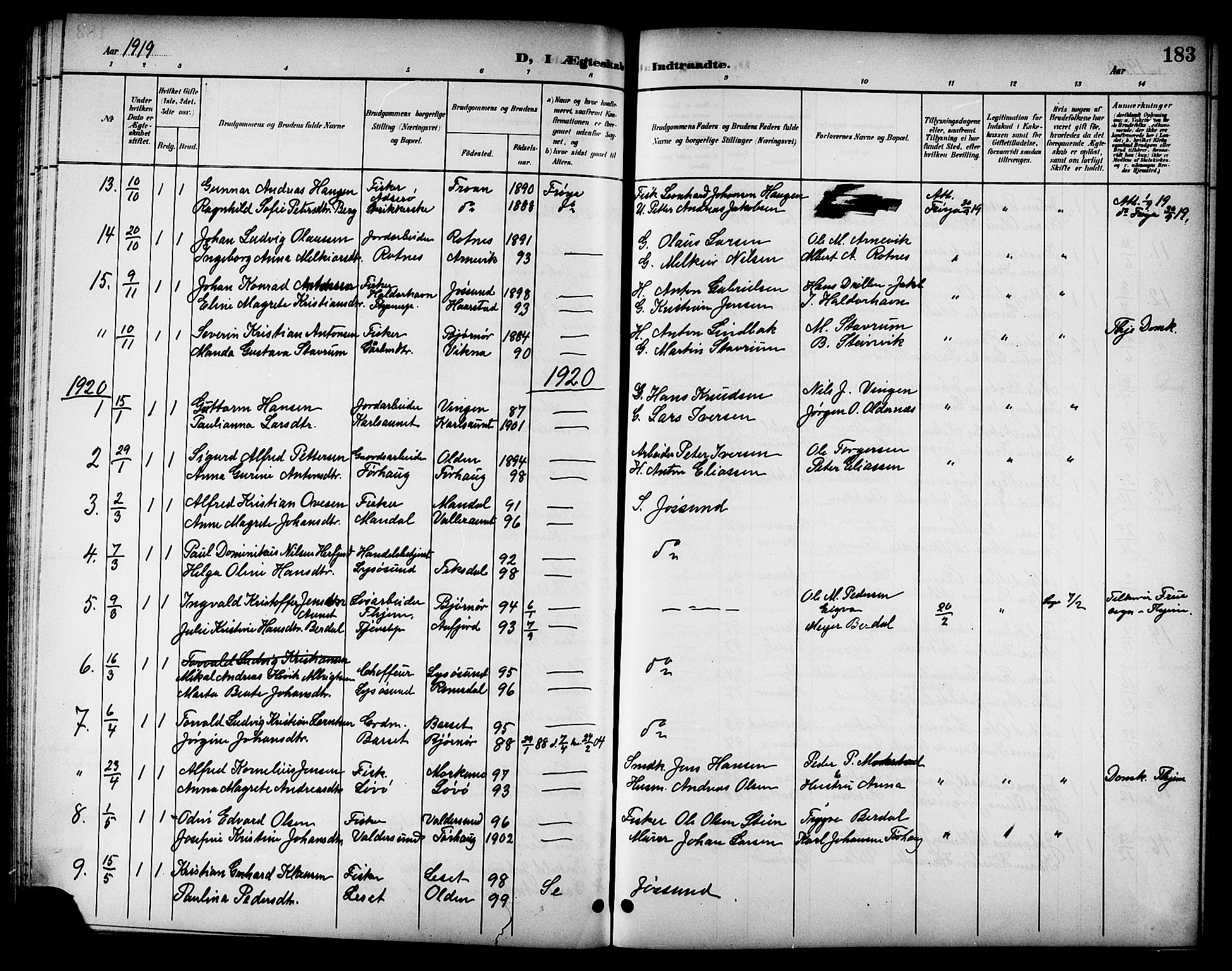 Ministerialprotokoller, klokkerbøker og fødselsregistre - Sør-Trøndelag, SAT/A-1456/655/L0688: Parish register (copy) no. 655C04, 1899-1922, p. 183