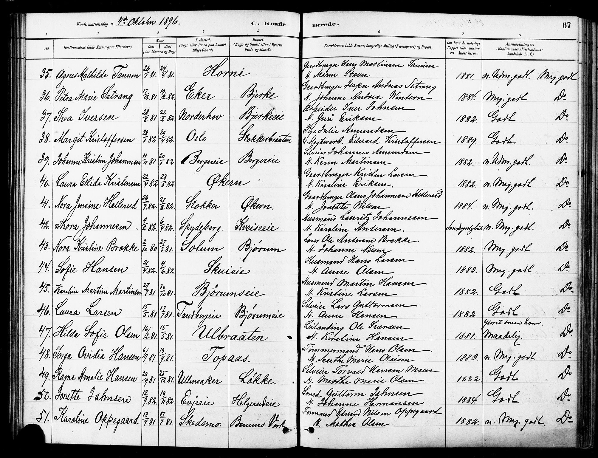 Asker prestekontor Kirkebøker, SAO/A-10256a/F/Fb/L0002: Parish register (official) no. II 2, 1879-1921, p. 67