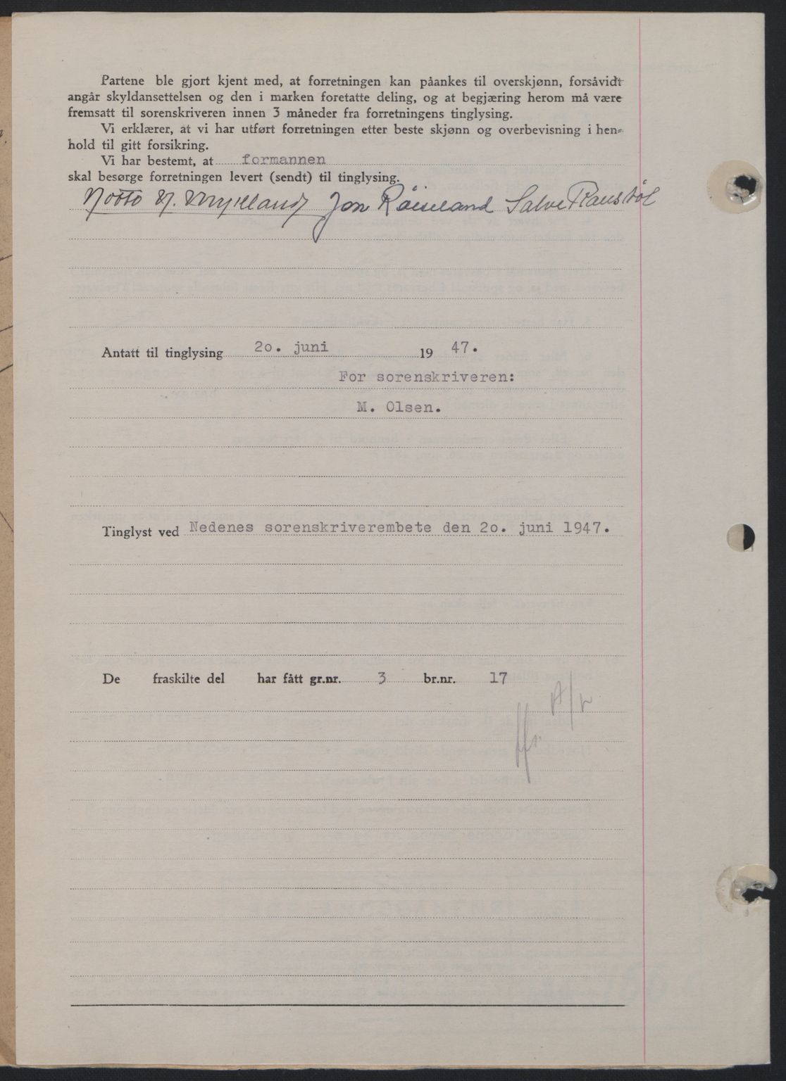 Nedenes sorenskriveri, AV/SAK-1221-0006/G/Gb/Gba/L0057: Mortgage book no. A9, 1947-1947, Deed date: 20.06.1947