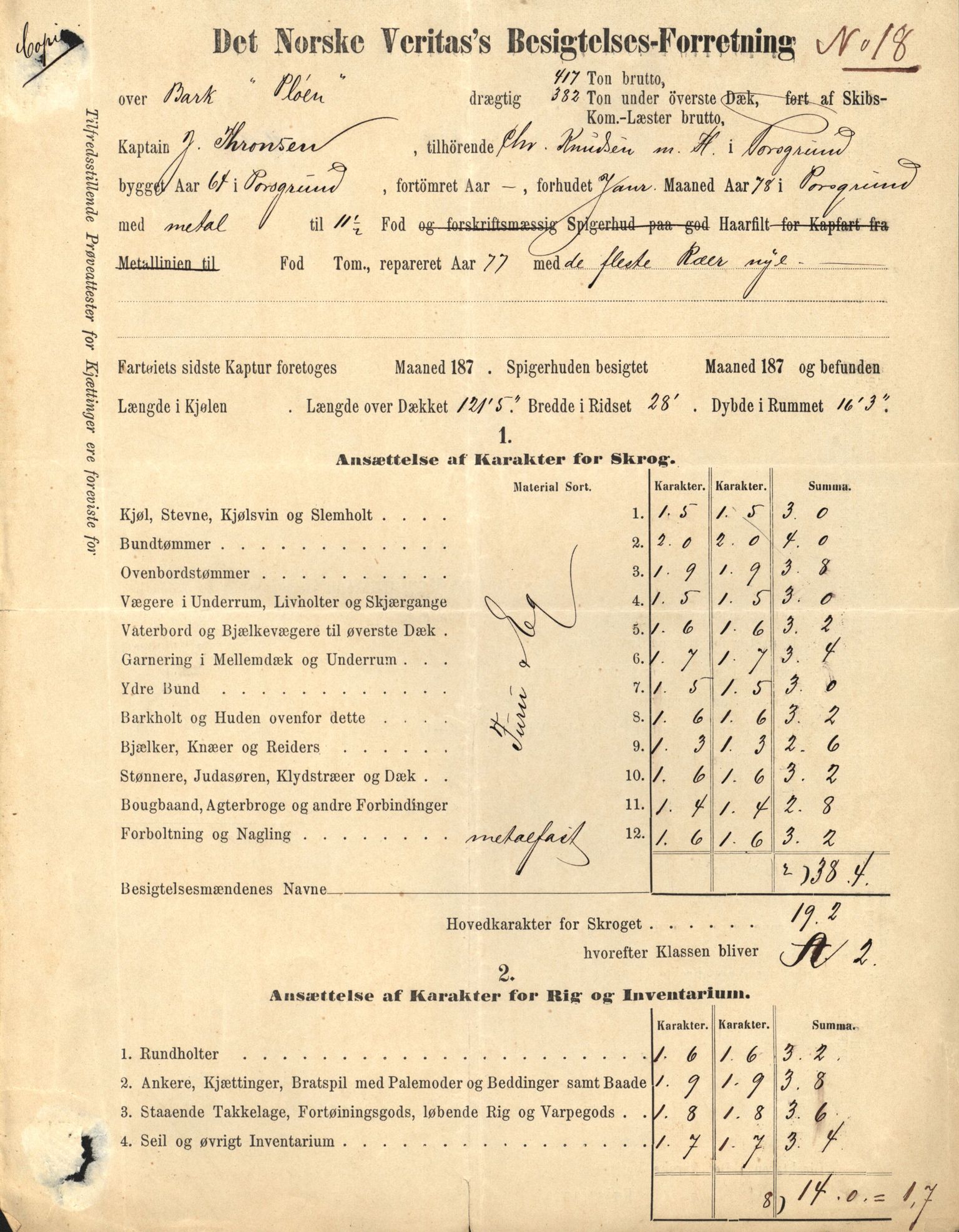 Pa 63 - Østlandske skibsassuranceforening, VEMU/A-1079/G/Ga/L0012/0003: Havaridokumenter / Pløen, 1880