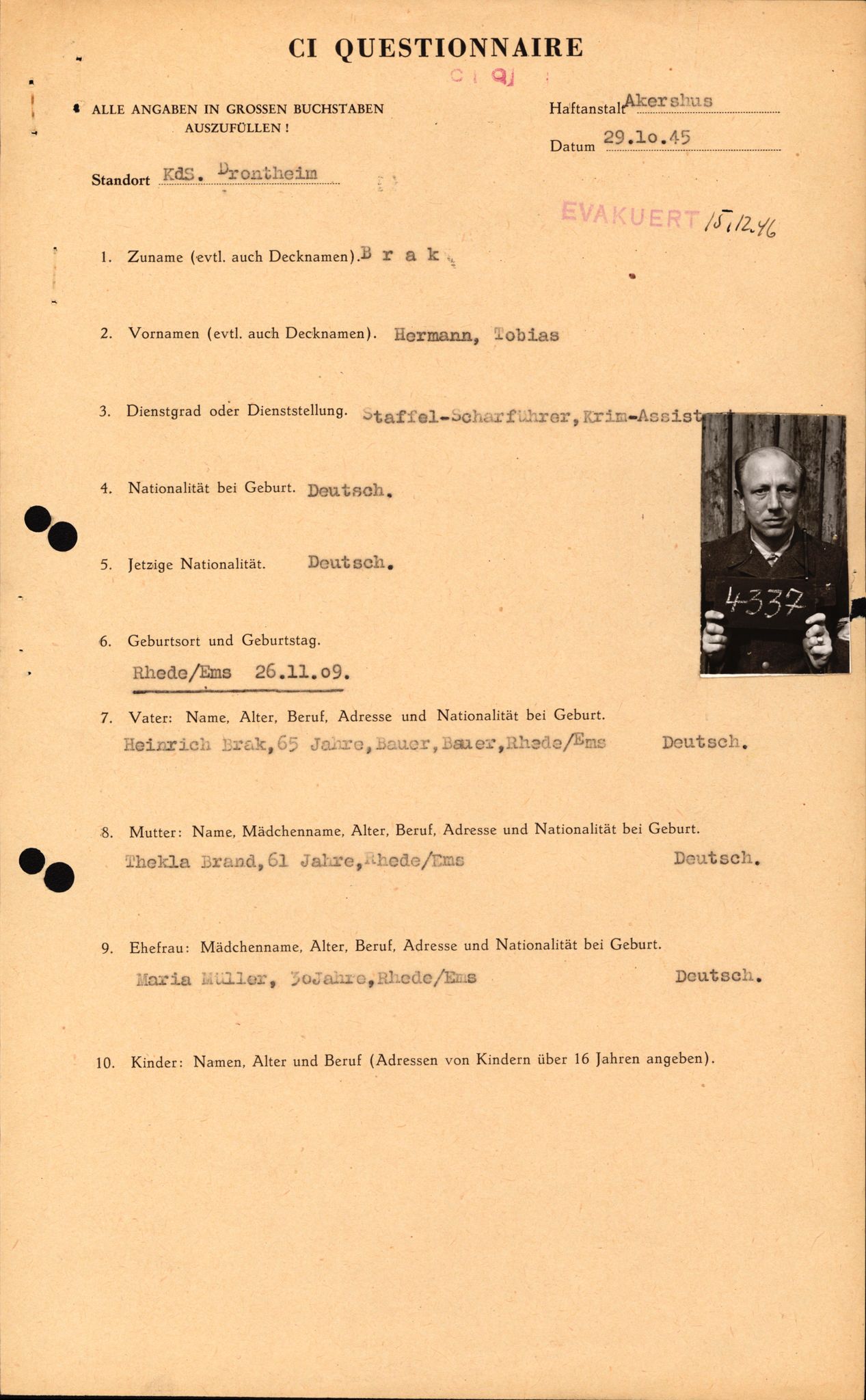 Forsvaret, Forsvarets overkommando II, RA/RAFA-3915/D/Db/L0004: CI Questionaires. Tyske okkupasjonsstyrker i Norge. Tyskere., 1945-1946, p. 54
