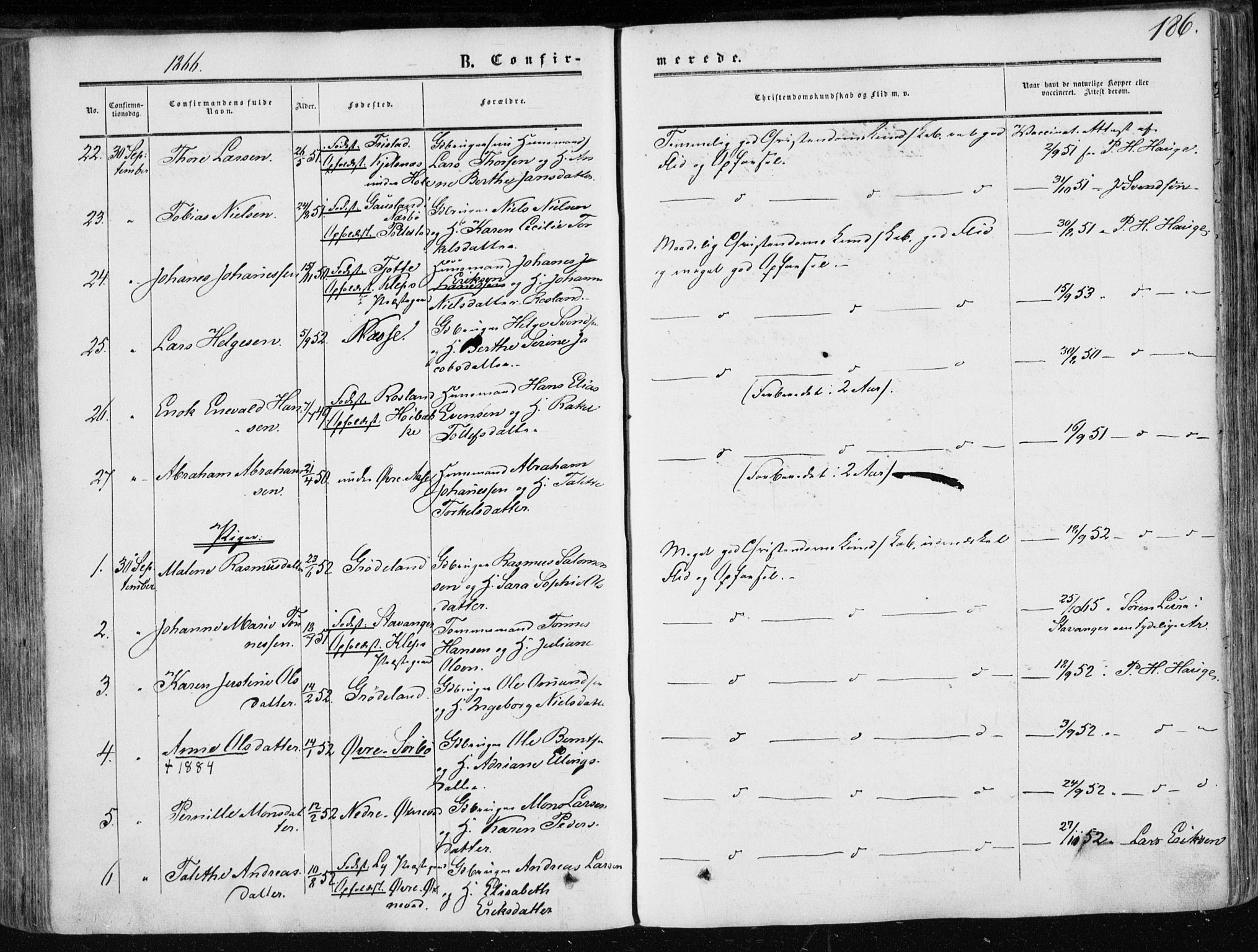 Klepp sokneprestkontor, SAST/A-101803/001/3/30BA/L0005: Parish register (official) no. A 5, 1853-1870, p. 186