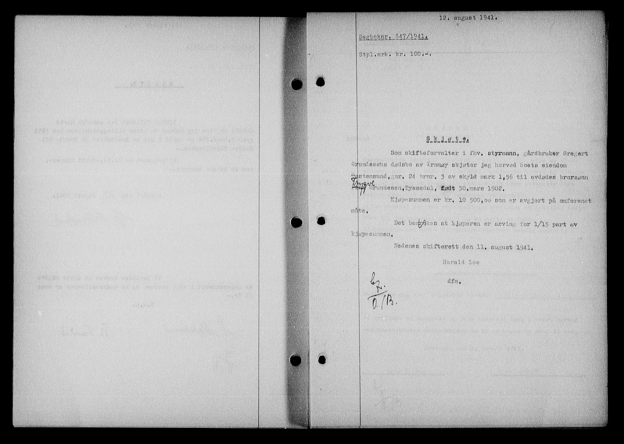 Nedenes sorenskriveri, AV/SAK-1221-0006/G/Gb/Gba/L0048: Mortgage book no. A-II, 1940-1941, Diary no: : 647/1941