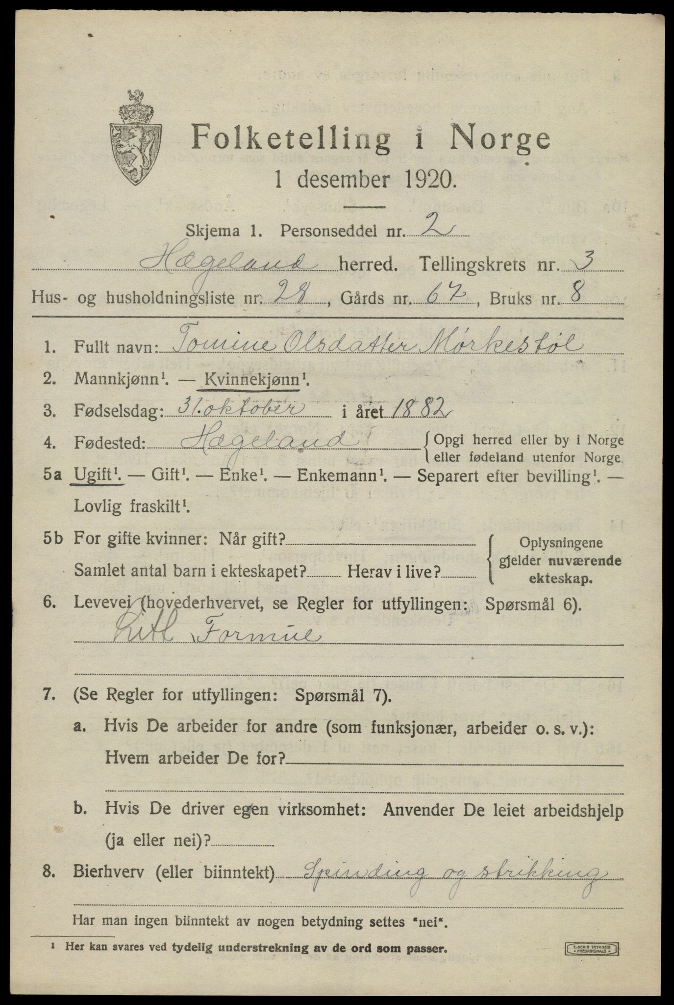 SAK, 1920 census for Hægeland, 1920, p. 1295