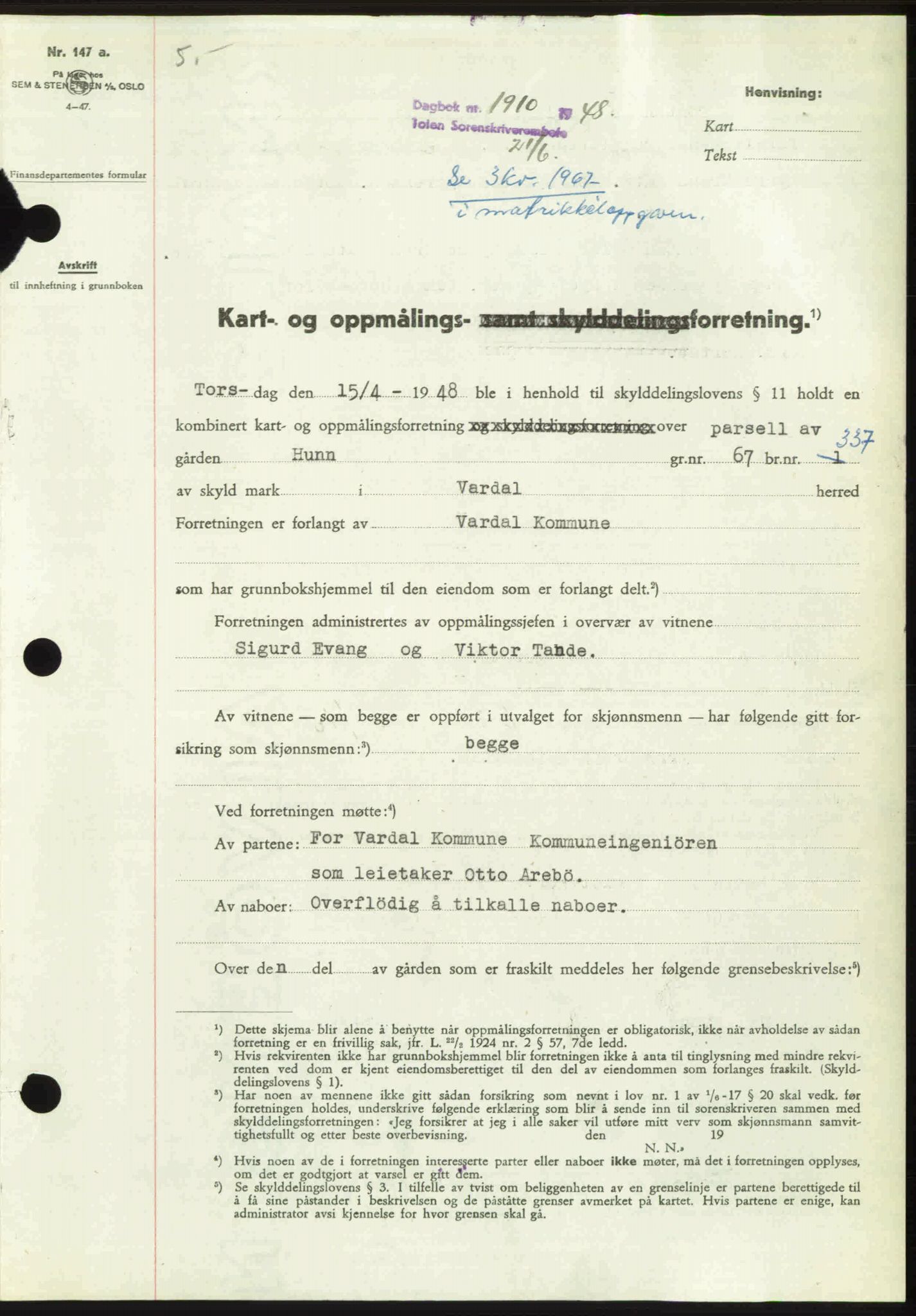 Toten tingrett, SAH/TING-006/H/Hb/Hbc/L0020: Mortgage book no. Hbc-20, 1948-1948, Diary no: : 1910/1948
