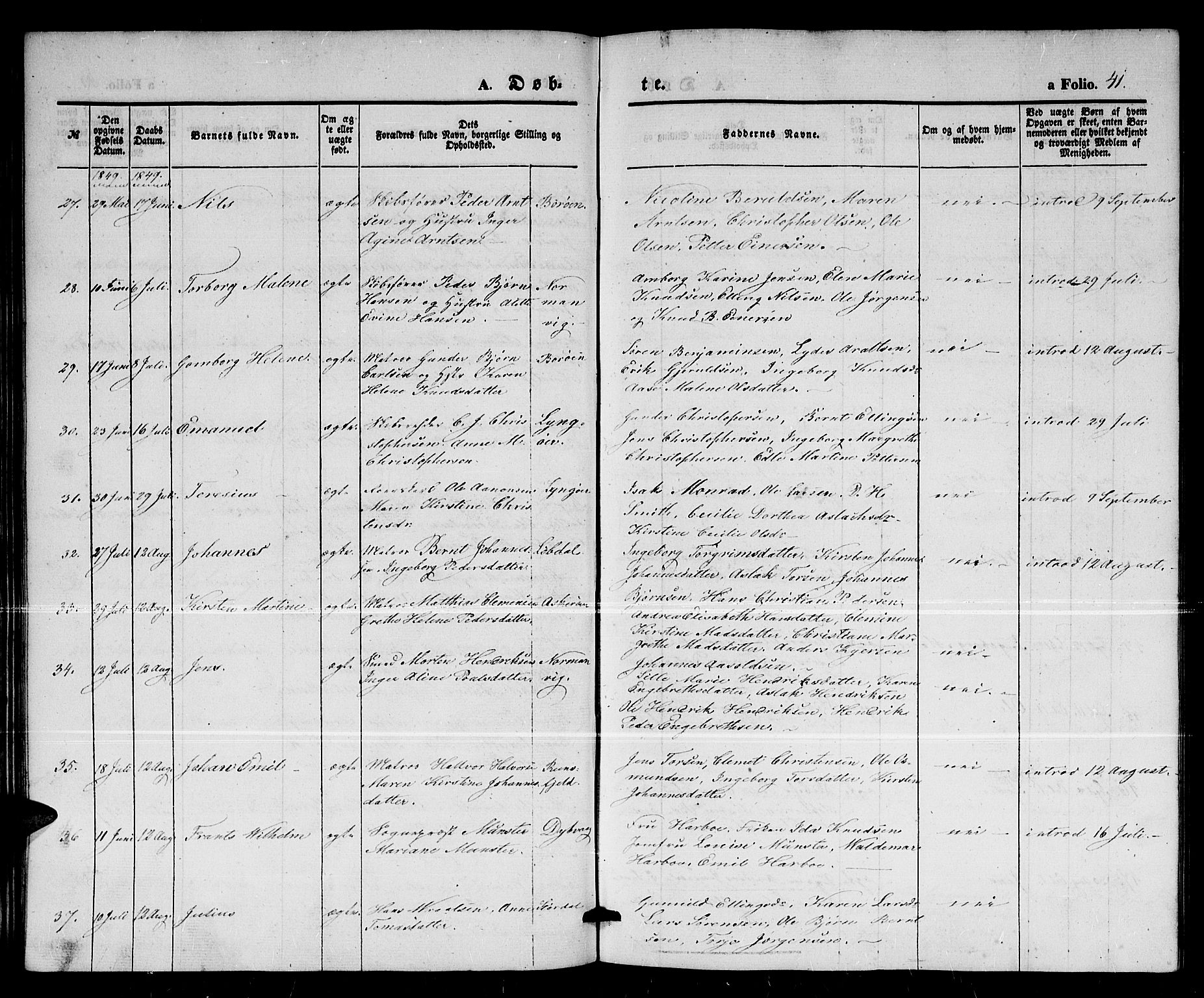 Dypvåg sokneprestkontor, AV/SAK-1111-0007/F/Fb/Fba/L0010: Parish register (copy) no. B 10, 1842-1857, p. 41