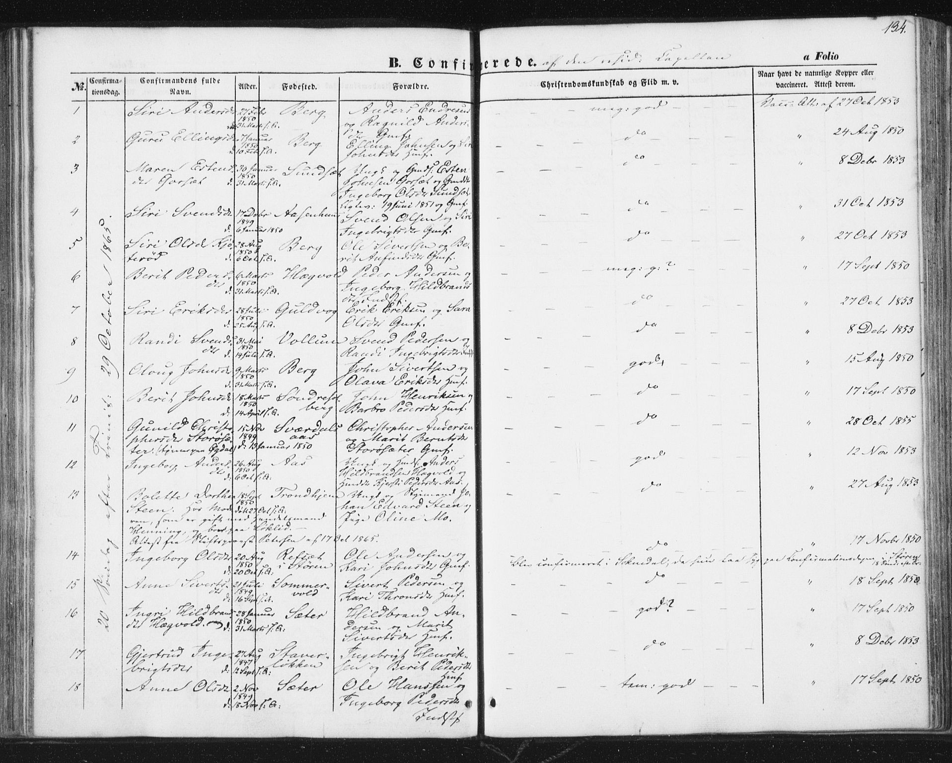 Ministerialprotokoller, klokkerbøker og fødselsregistre - Sør-Trøndelag, SAT/A-1456/689/L1038: Parish register (official) no. 689A03, 1848-1872, p. 134
