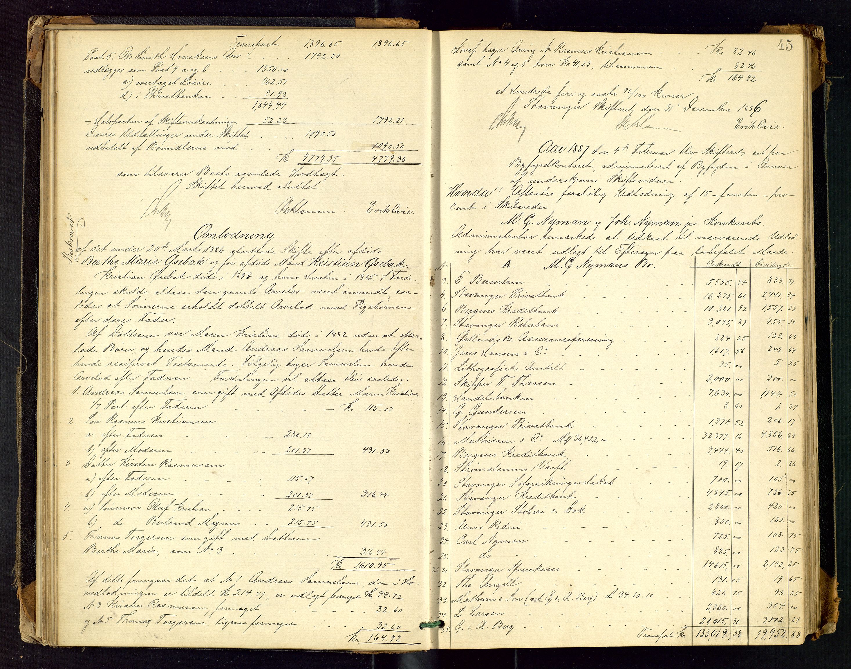 Stavanger skifteforvalter, AV/SAST-A-101412/001/5/50/503BB/L0001: Skifteutlodningsprotokoll, 1885-1892, p. 45