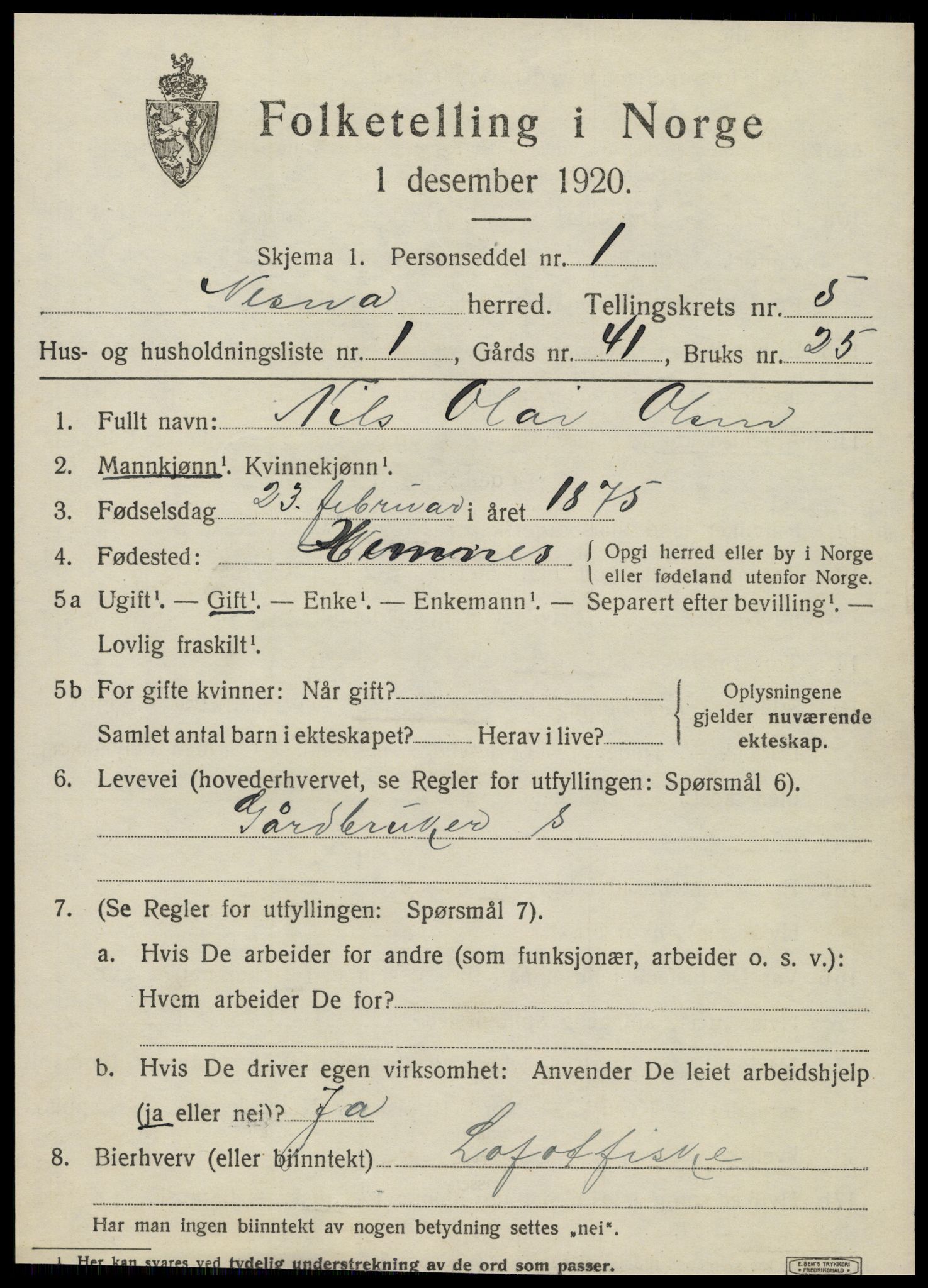 SAT, 1920 census for Nesna, 1920, p. 4021