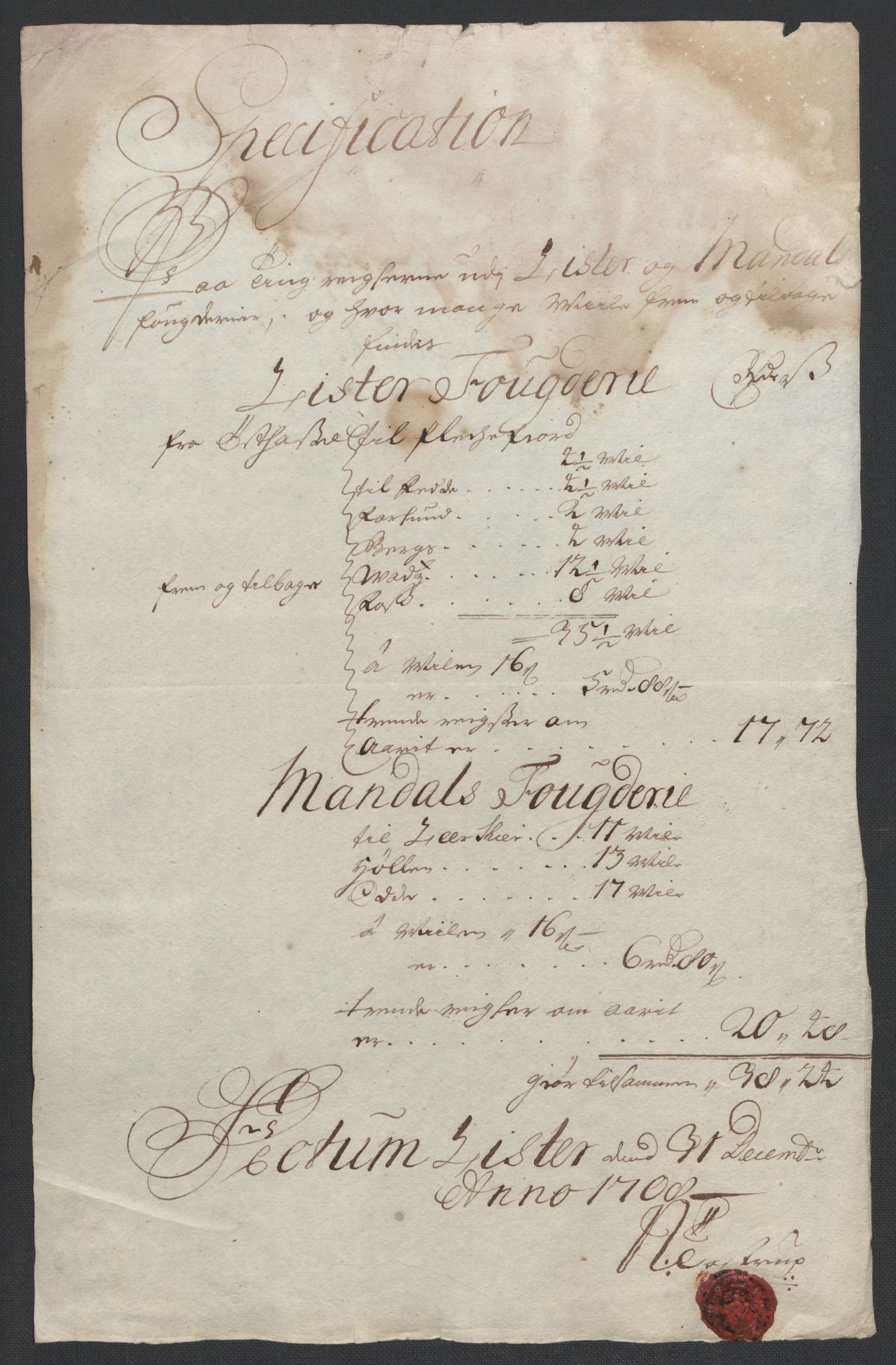 Rentekammeret inntil 1814, Reviderte regnskaper, Fogderegnskap, RA/EA-4092/R43/L2552: Fogderegnskap Lista og Mandal, 1705-1709, p. 201