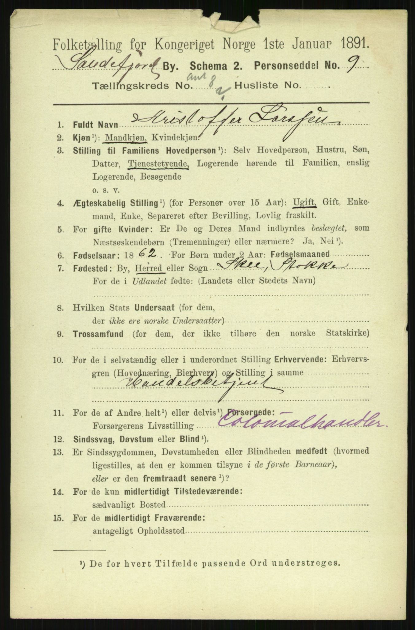 RA, 1891 census for 0706 Sandefjord, 1891, p. 4076