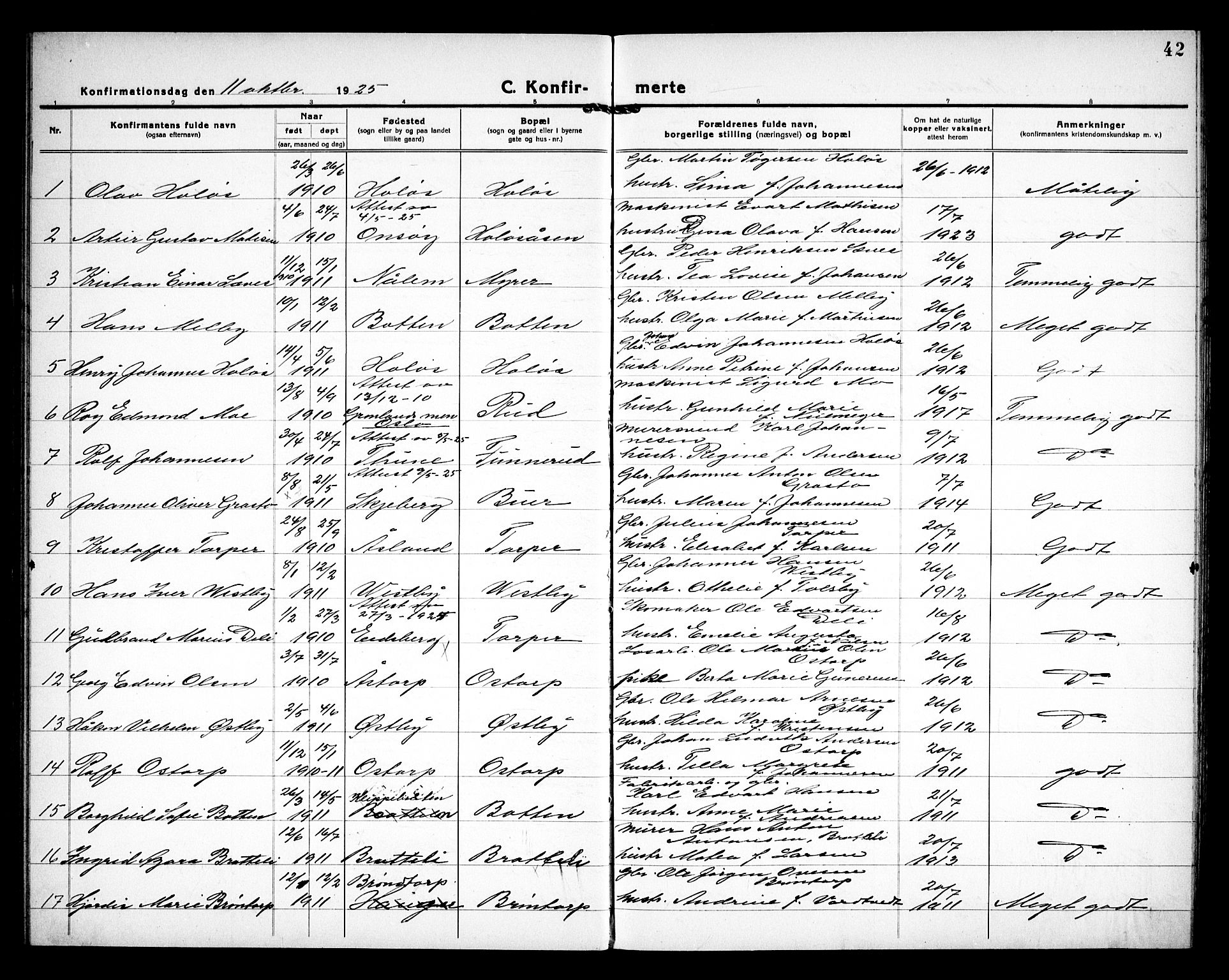 Rakkestad prestekontor Kirkebøker, AV/SAO-A-2008/G/Gc/L0003: Parish register (copy) no. III 3, 1920-1938, p. 42