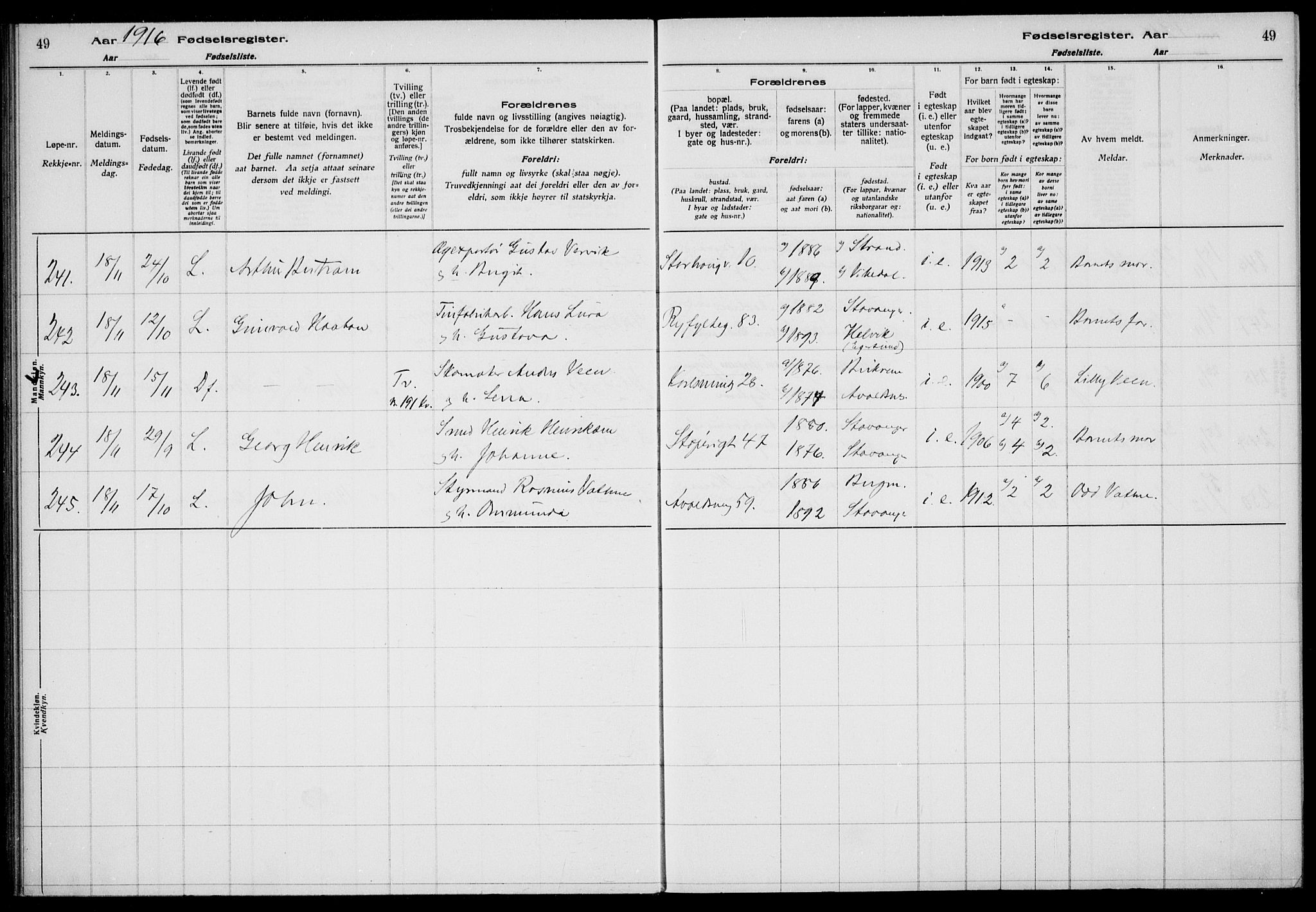 St. Johannes sokneprestkontor, AV/SAST-A-101814/002/A/L0001: Birth register no. 1, 1916-1919, p. 49