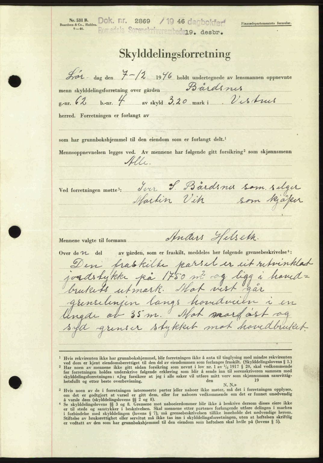 Romsdal sorenskriveri, AV/SAT-A-4149/1/2/2C: Mortgage book no. A21, 1946-1946, Diary no: : 2869/1946