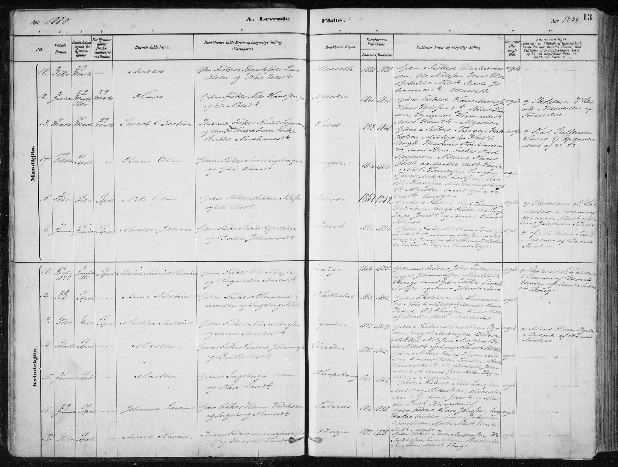 Fjell sokneprestembete, SAB/A-75301/H/Haa: Parish register (official) no. A  8, 1878-1898, p. 13