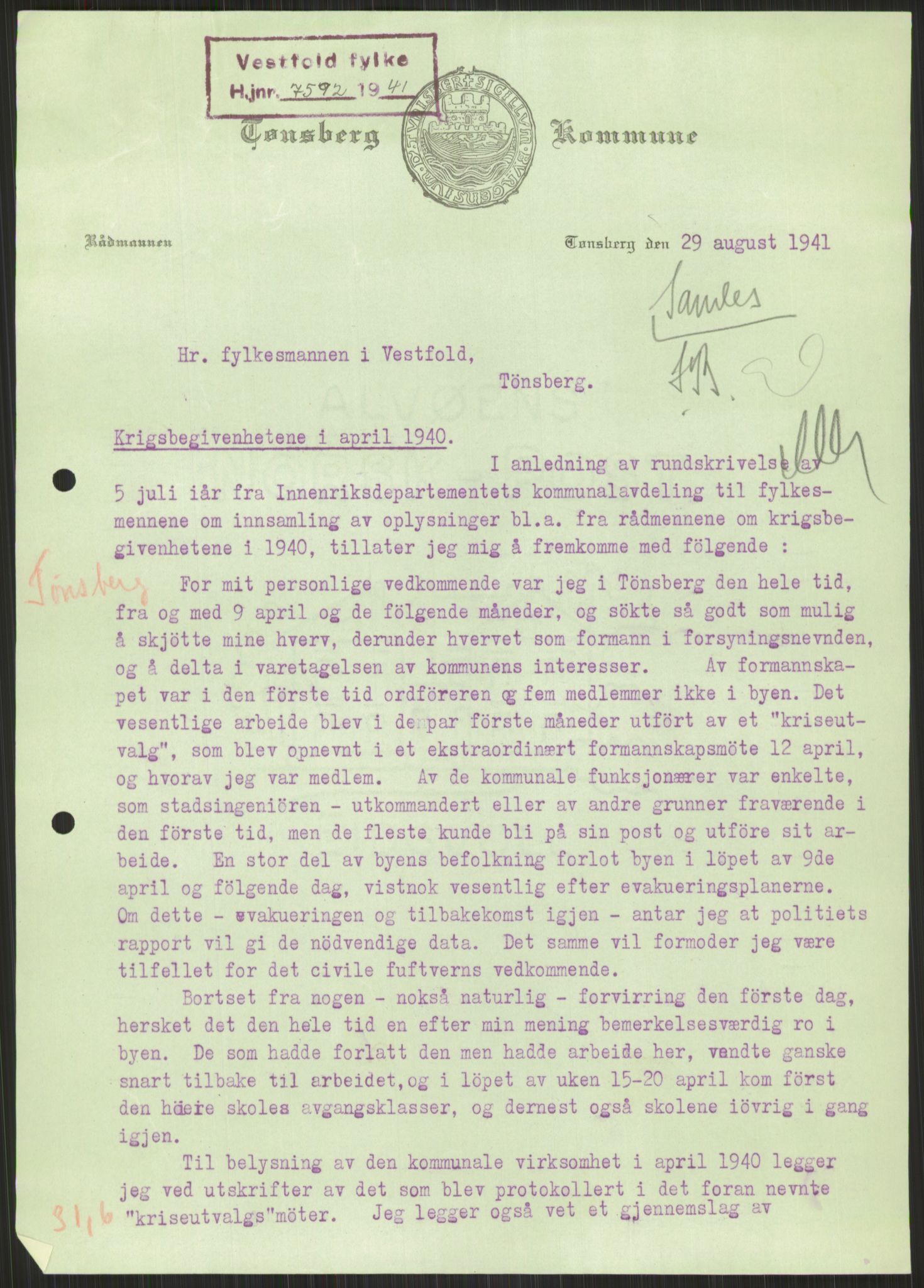 Forsvaret, Forsvarets krigshistoriske avdeling, RA/RAFA-2017/Y/Ya/L0014: II-C-11-31 - Fylkesmenn.  Rapporter om krigsbegivenhetene 1940., 1940, p. 588