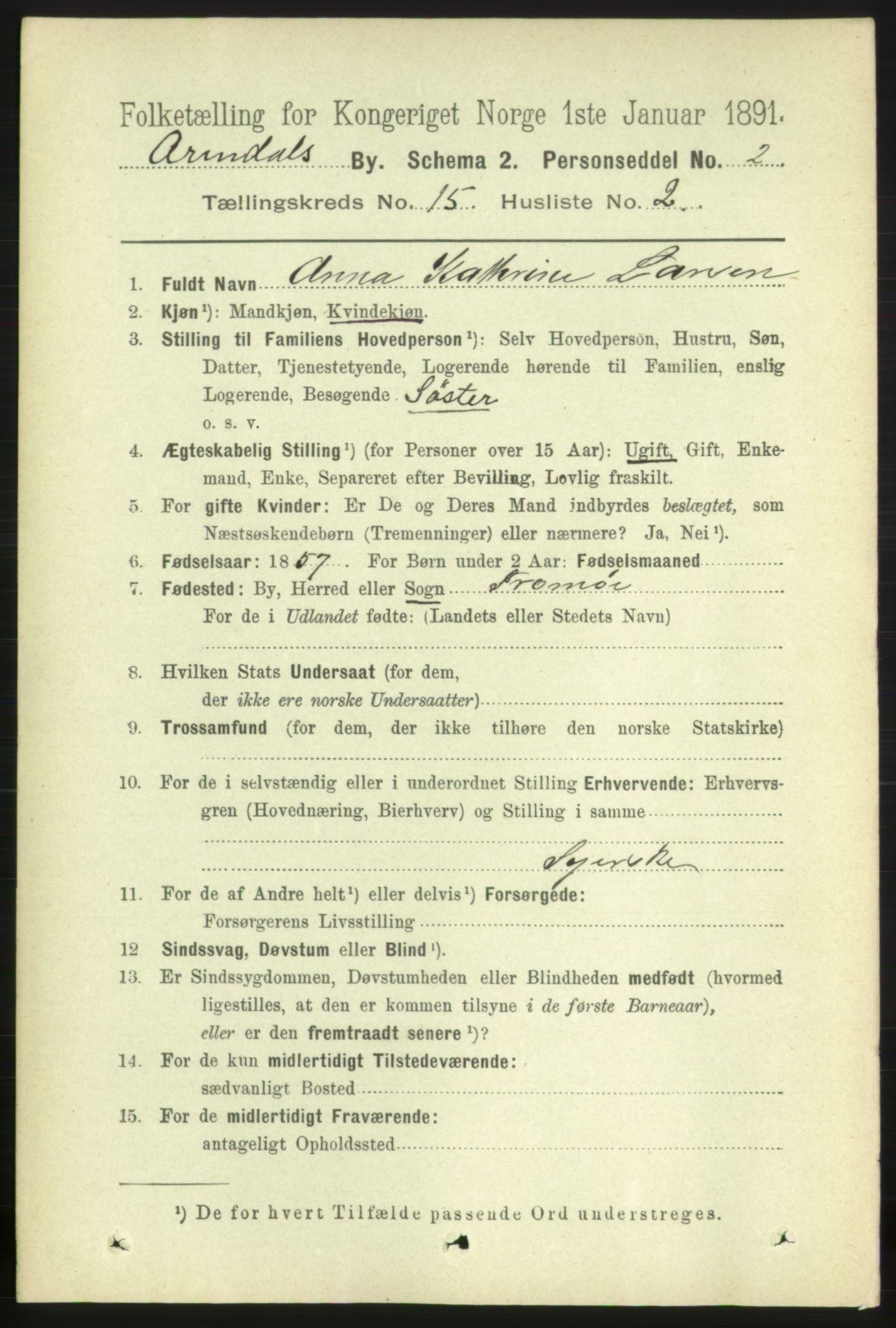 RA, 1891 census for 0903 Arendal, 1891, p. 5036