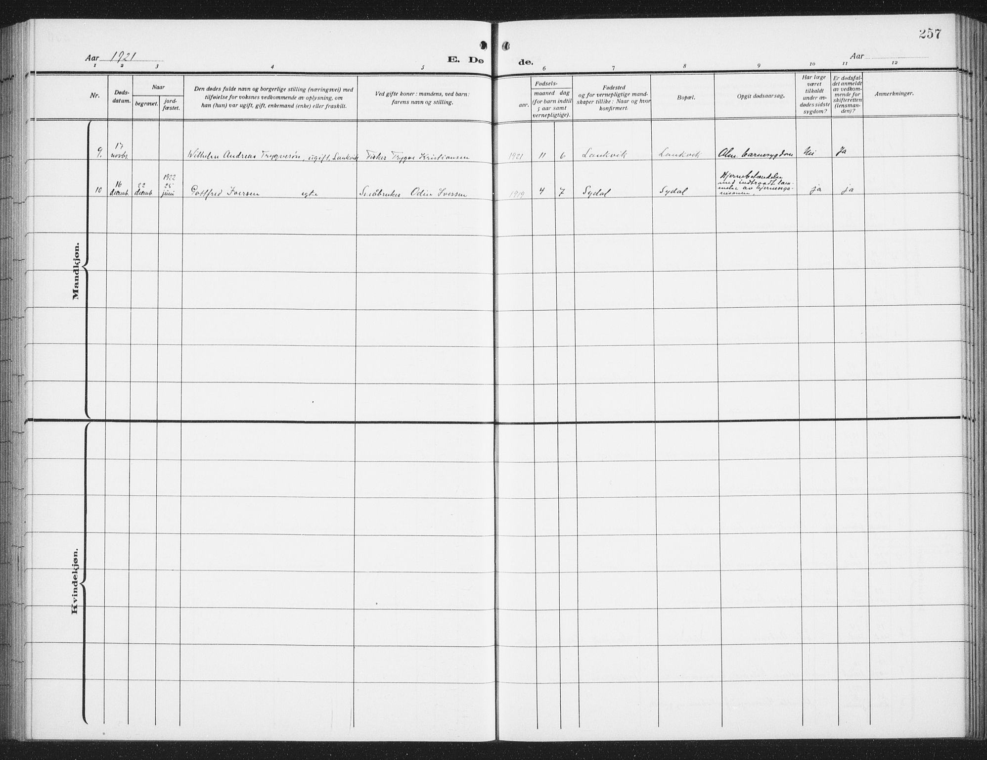 Ministerialprotokoller, klokkerbøker og fødselsregistre - Nordland, SAT/A-1459/876/L1106: Parish register (copy) no. 876C05, 1915-1942, p. 257