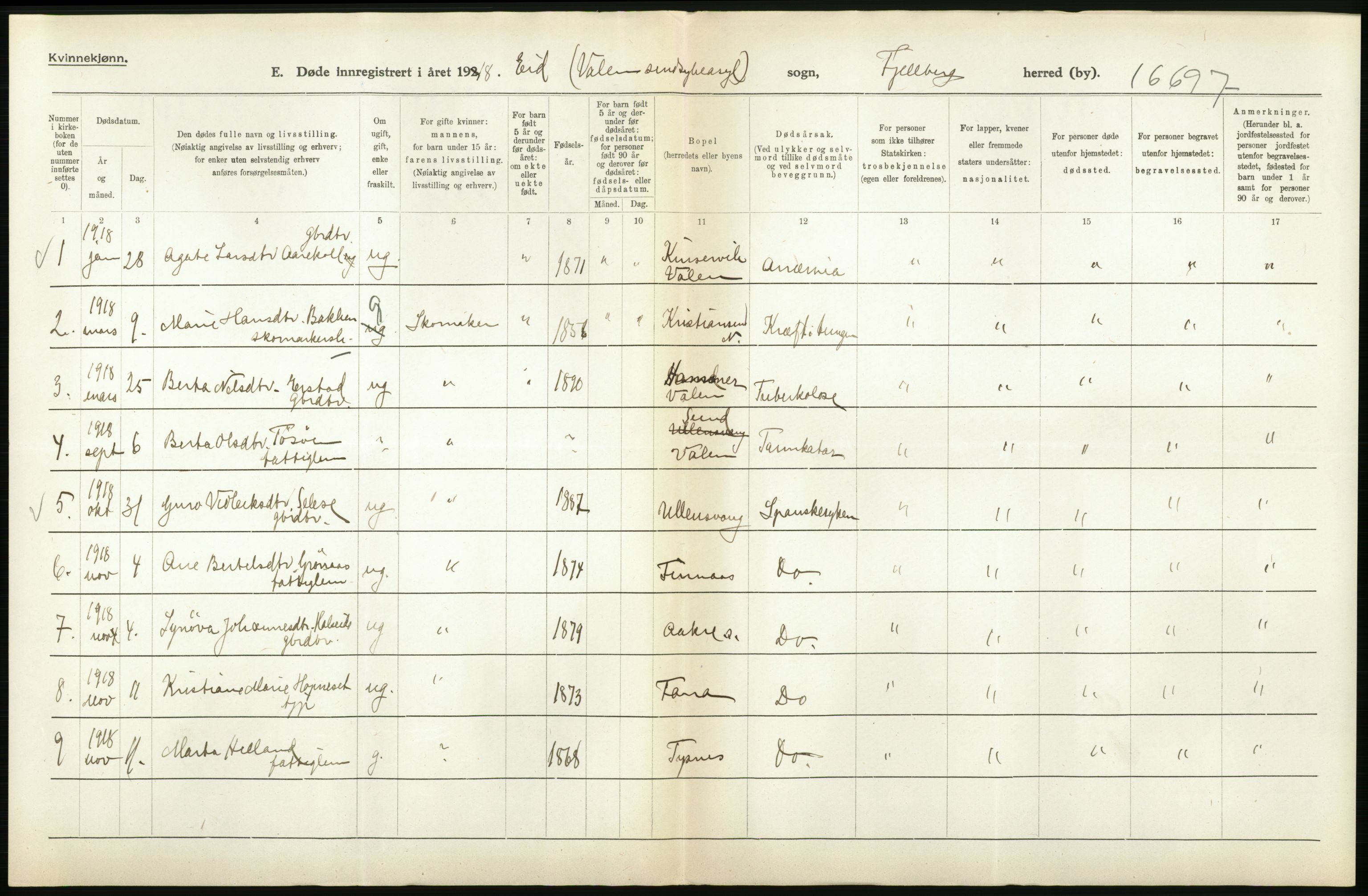 Statistisk sentralbyrå, Sosiodemografiske emner, Befolkning, RA/S-2228/D/Df/Dfb/Dfbh/L0036: Hordaland fylke: Døde., 1918, p. 372