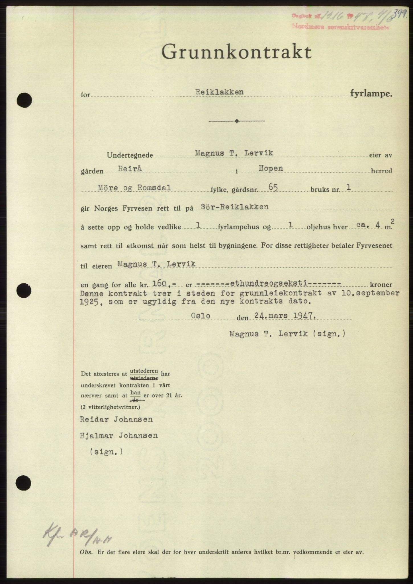 Nordmøre sorenskriveri, AV/SAT-A-4132/1/2/2Ca: Mortgage book no. B96, 1947-1947, Diary no: : 1216/1947