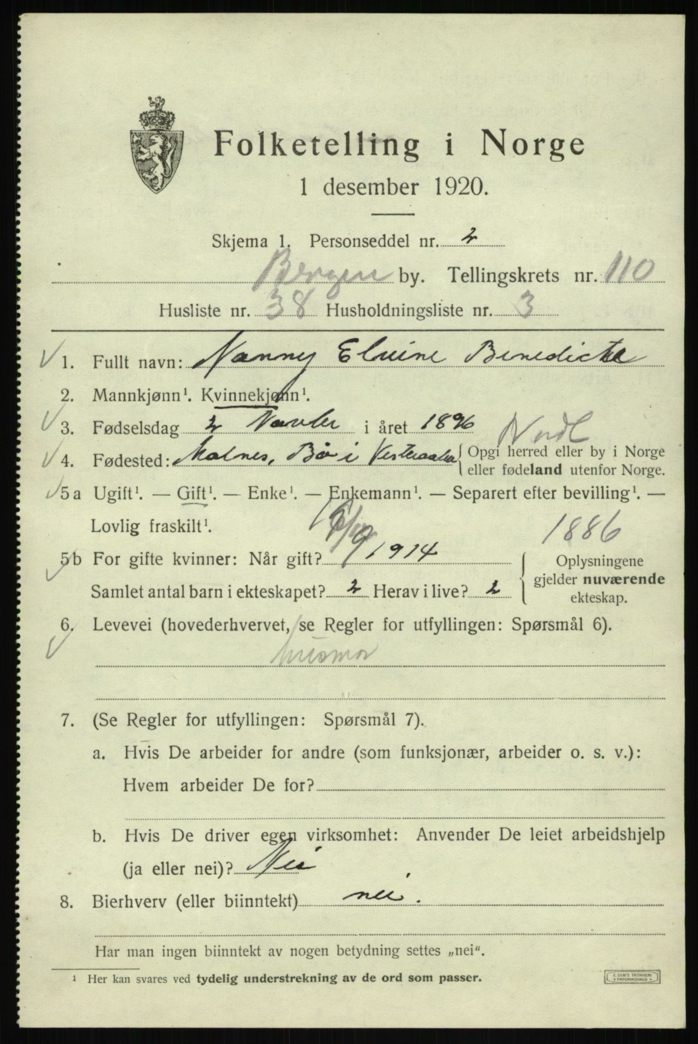SAB, 1920 census for Bergen, 1920, p. 190626