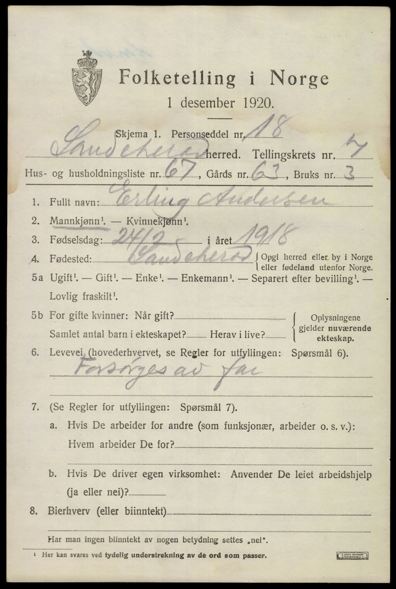 SAKO, 1920 census for Sandeherred, 1920, p. 12710