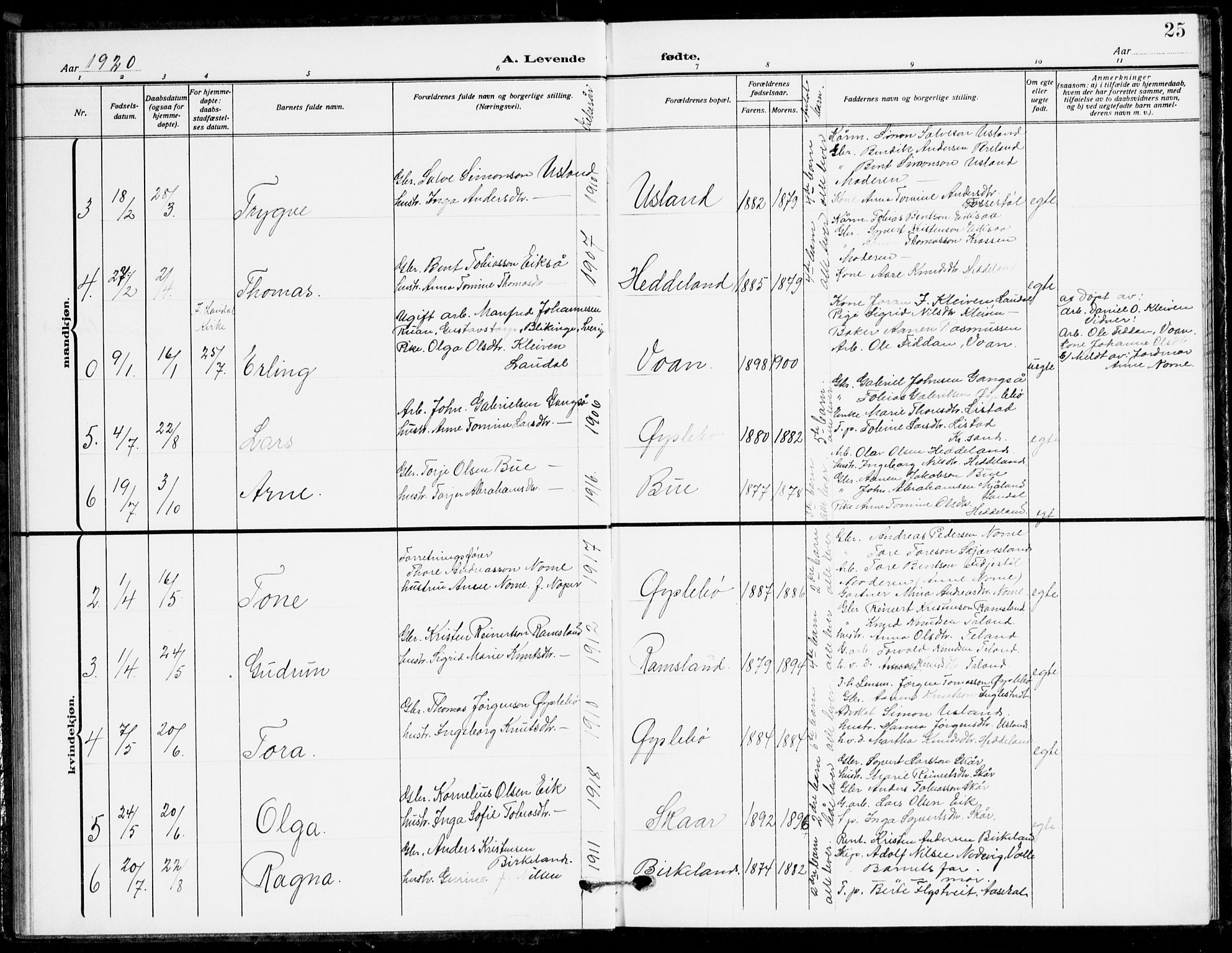 Holum sokneprestkontor, AV/SAK-1111-0022/F/Fb/Fbc/L0004: Parish register (copy) no. B 4, 1908-1930, p. 25