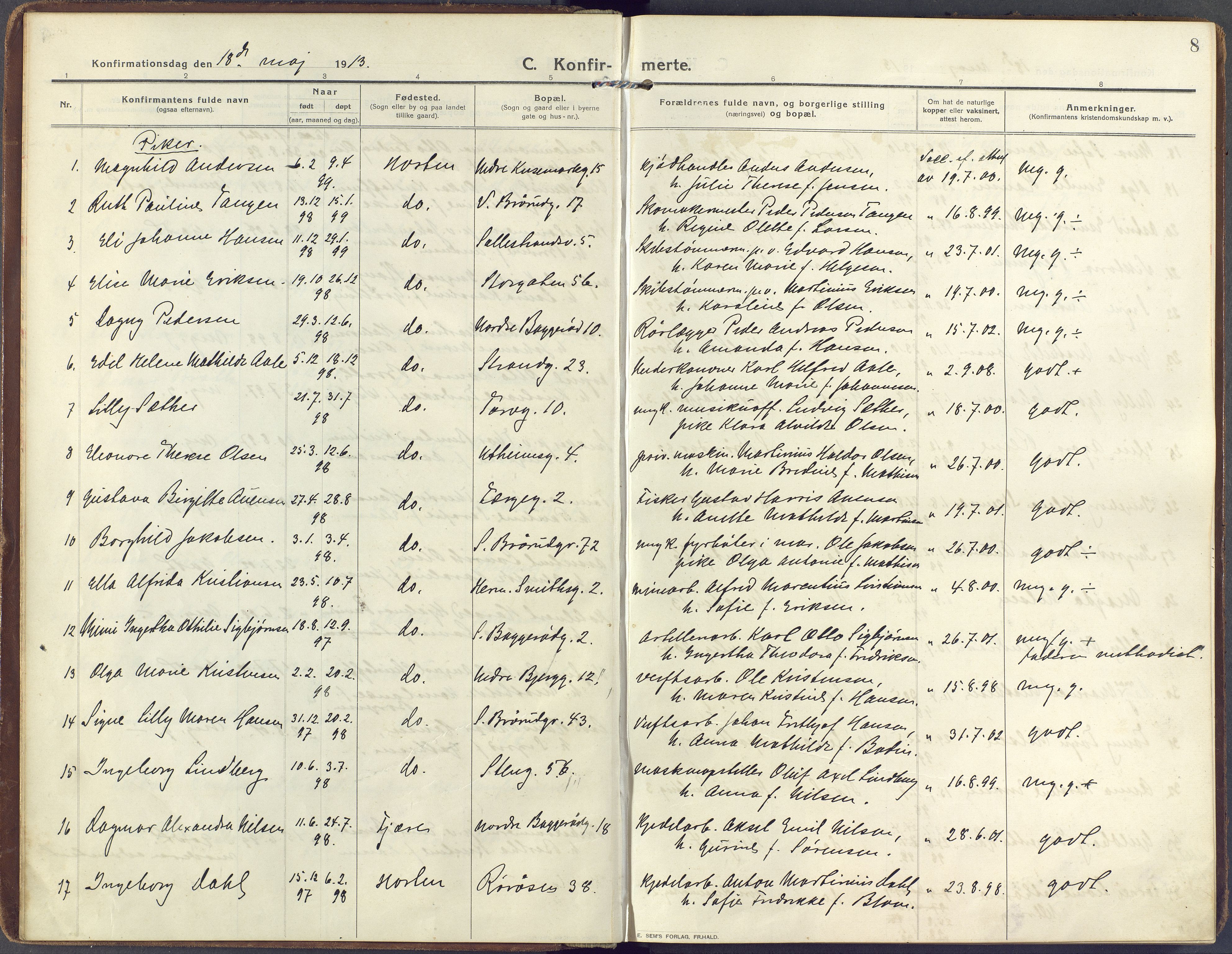Horten kirkebøker, AV/SAKO-A-348/F/Fa/L0010: Parish register (official) no. 10, 1913-1925, p. 8