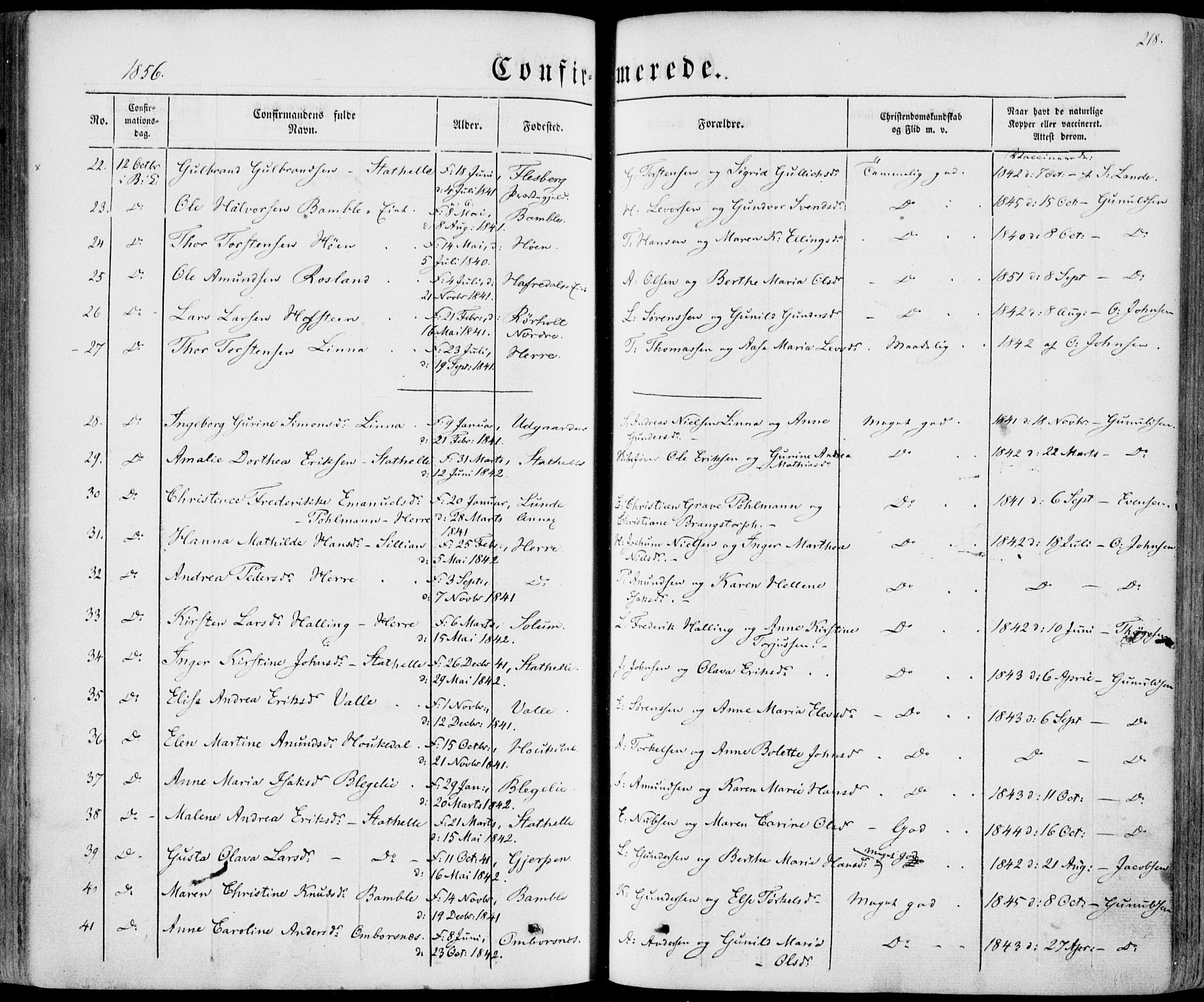 Bamble kirkebøker, AV/SAKO-A-253/F/Fa/L0005: Parish register (official) no. I 5, 1854-1869, p. 218