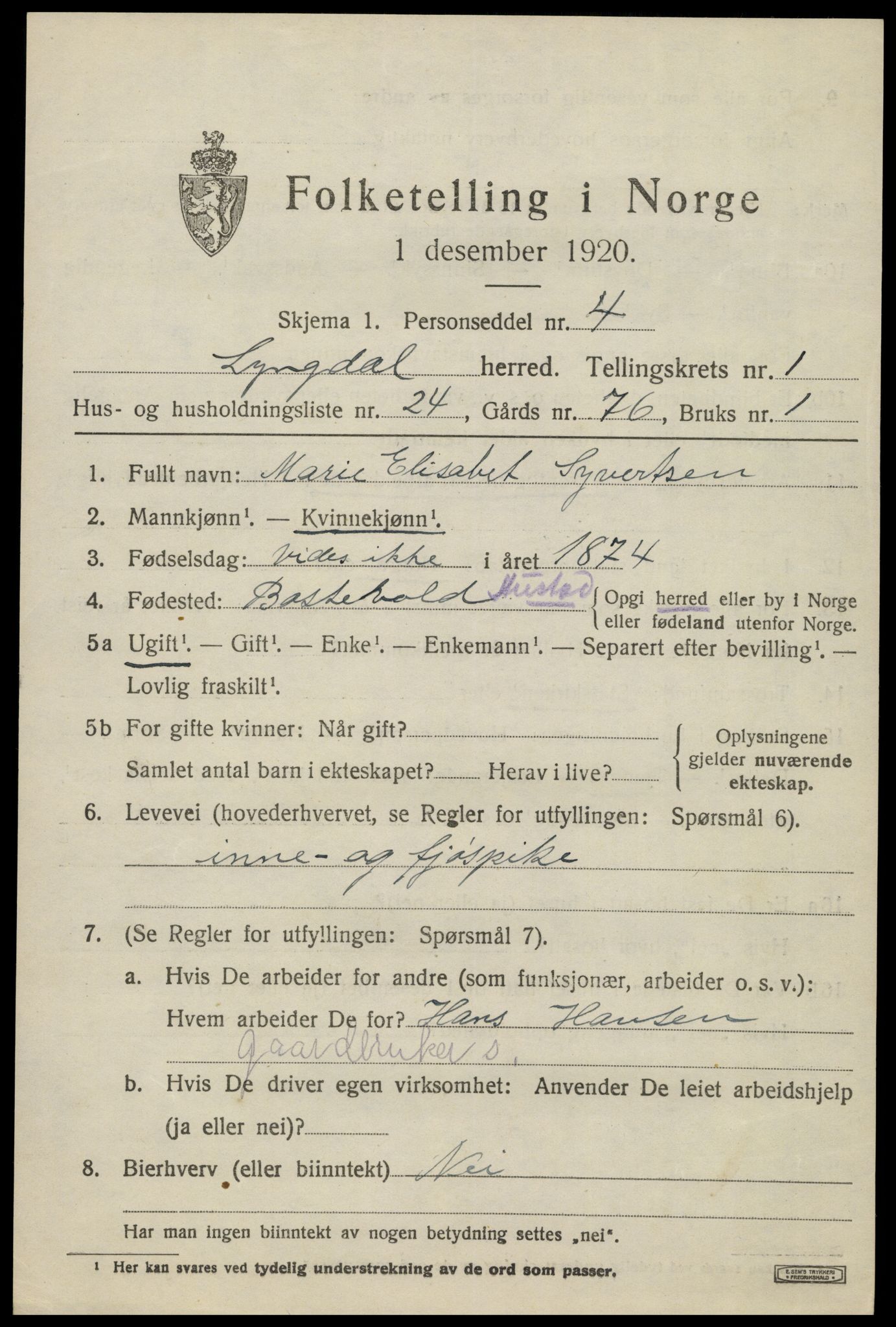 SAK, 1920 census for Lyngdal, 1920, p. 1575