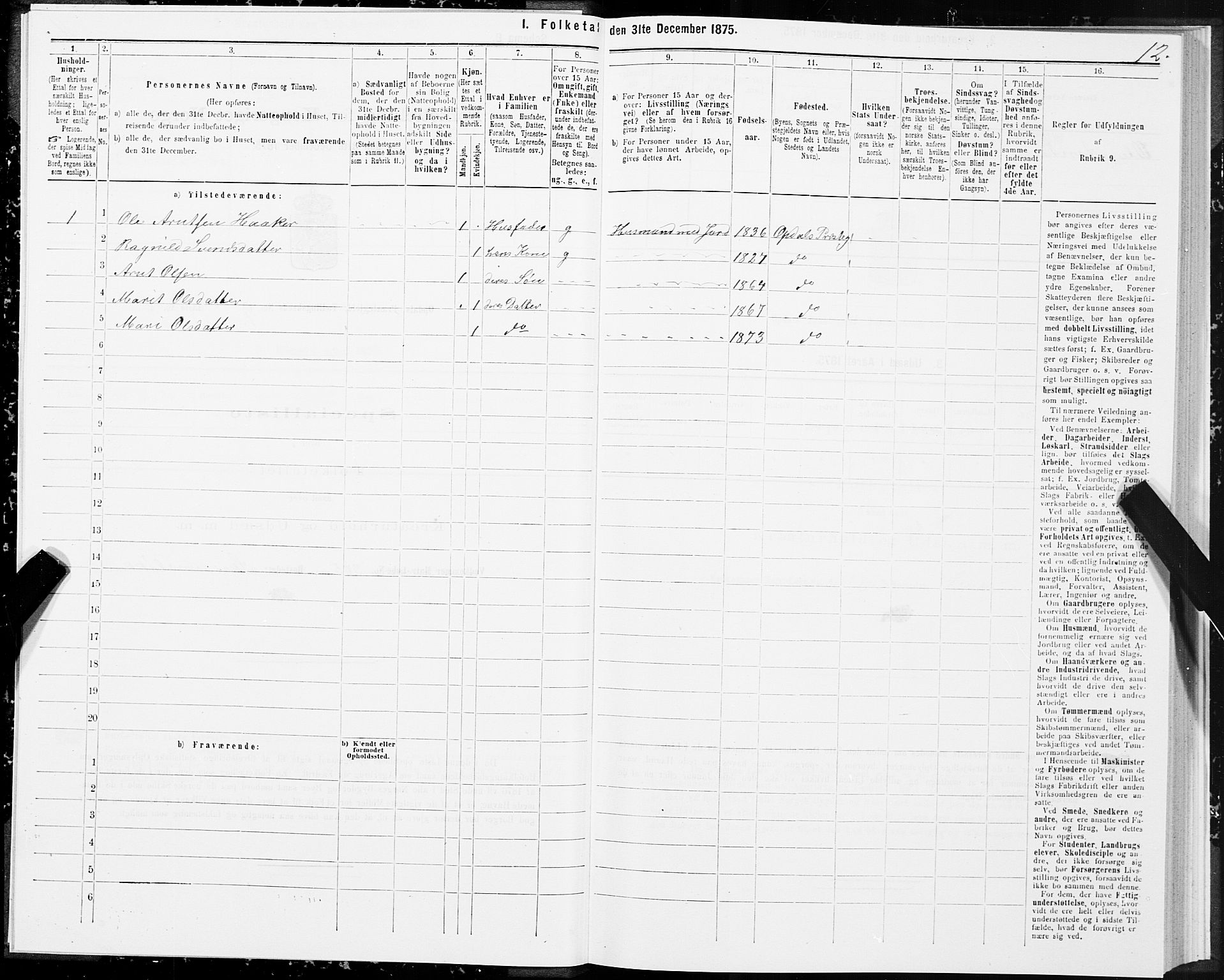 SAT, 1875 census for 1634P Oppdal, 1875, p. 6012