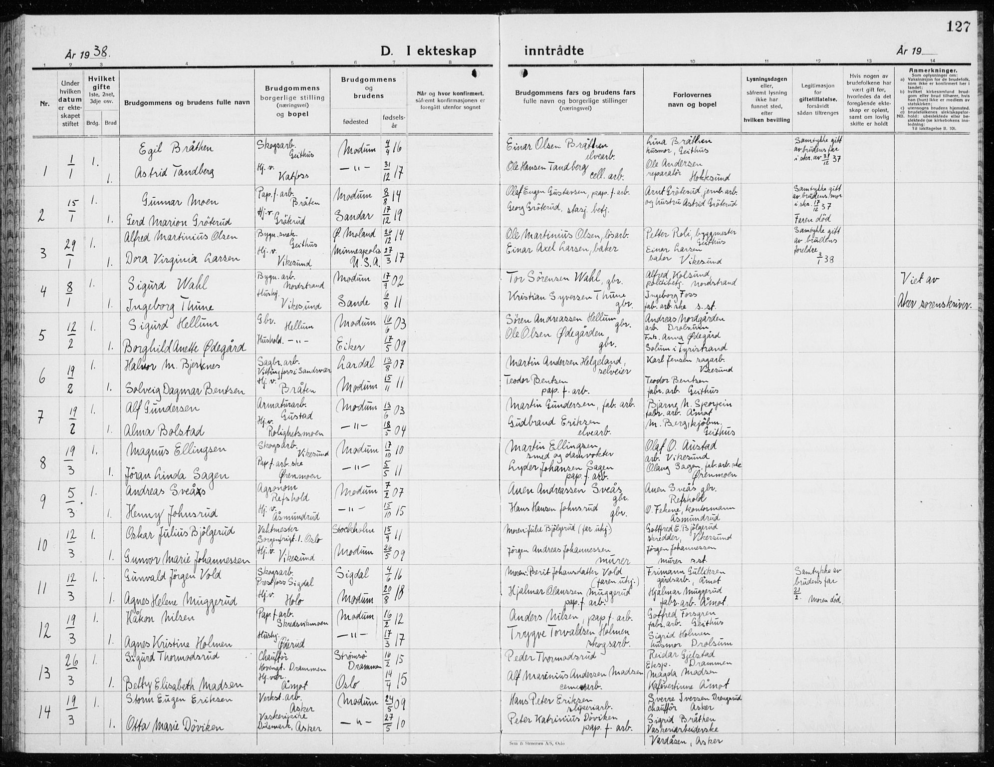 Modum kirkebøker, AV/SAKO-A-234/G/Ga/L0013: Parish register (copy) no. I 13, 1925-1938, p. 127