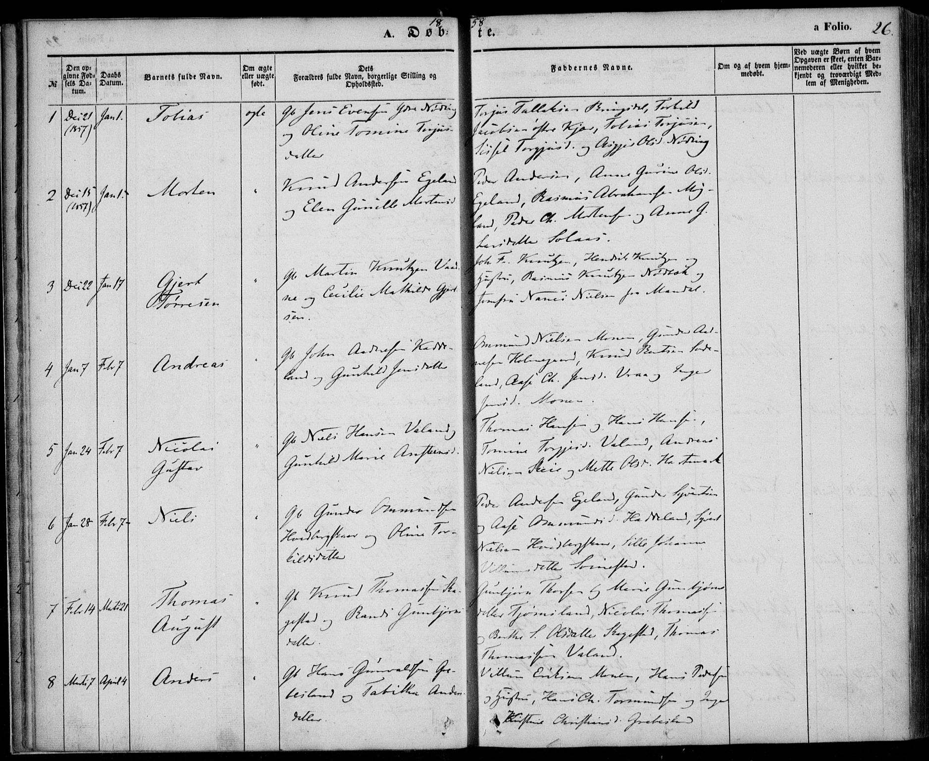 Holum sokneprestkontor, AV/SAK-1111-0022/F/Fa/Faa/L0005: Parish register (official) no. A 5, 1850-1864, p. 26