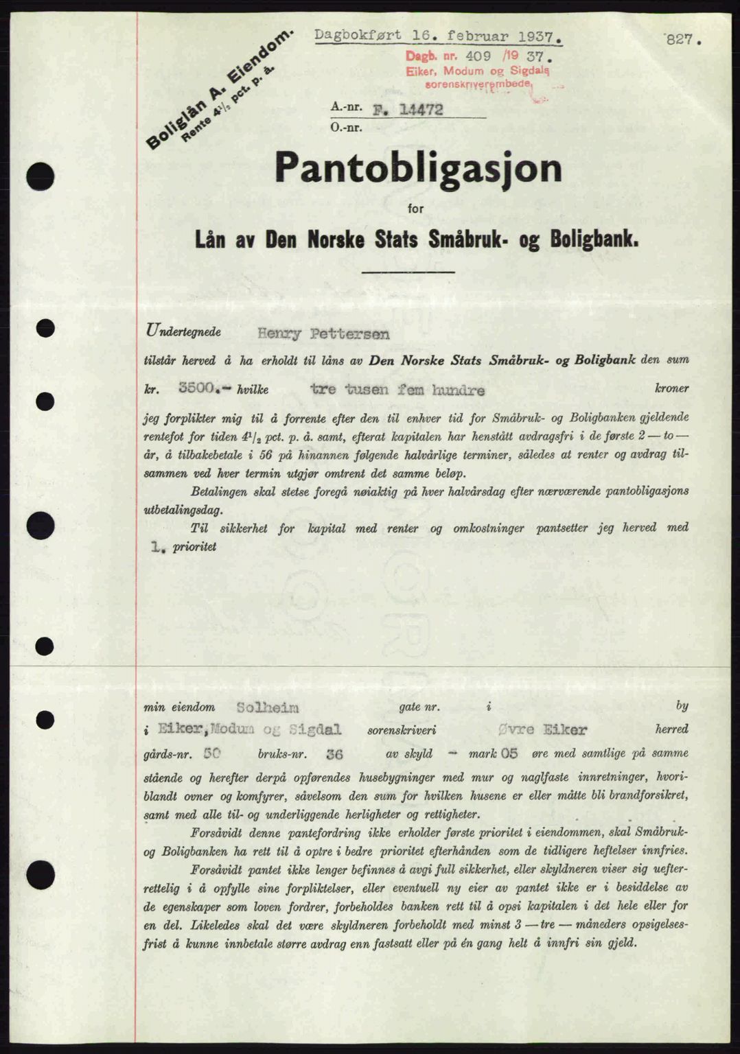 Eiker, Modum og Sigdal sorenskriveri, SAKO/A-123/G/Ga/Gab/L0034: Mortgage book no. A4, 1936-1937, Diary no: : 409/1937