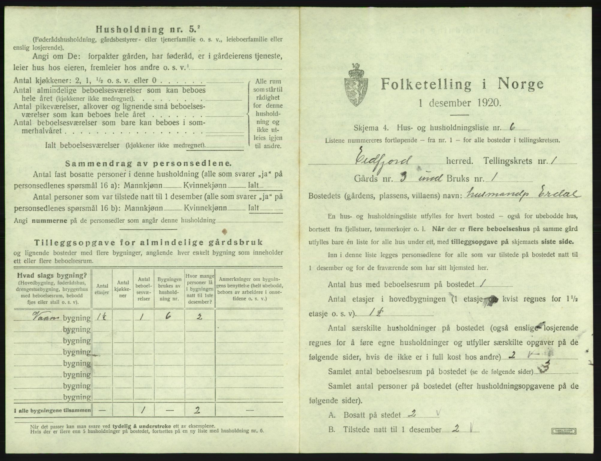 SAB, 1920 census for Eidfjord, 1920, p. 38