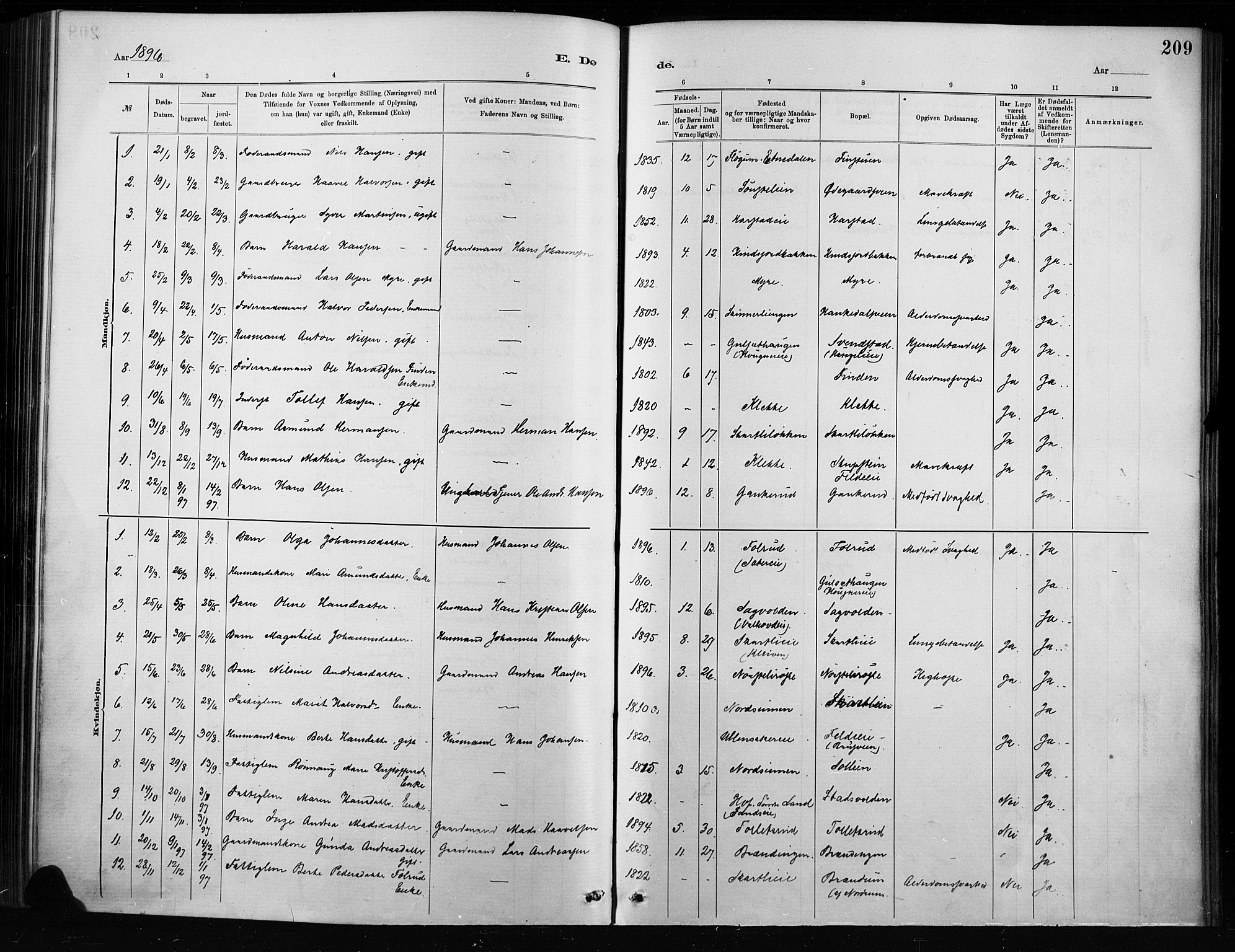 Nordre Land prestekontor, SAH/PREST-124/H/Ha/Haa/L0004: Parish register (official) no. 4, 1882-1896, p. 209