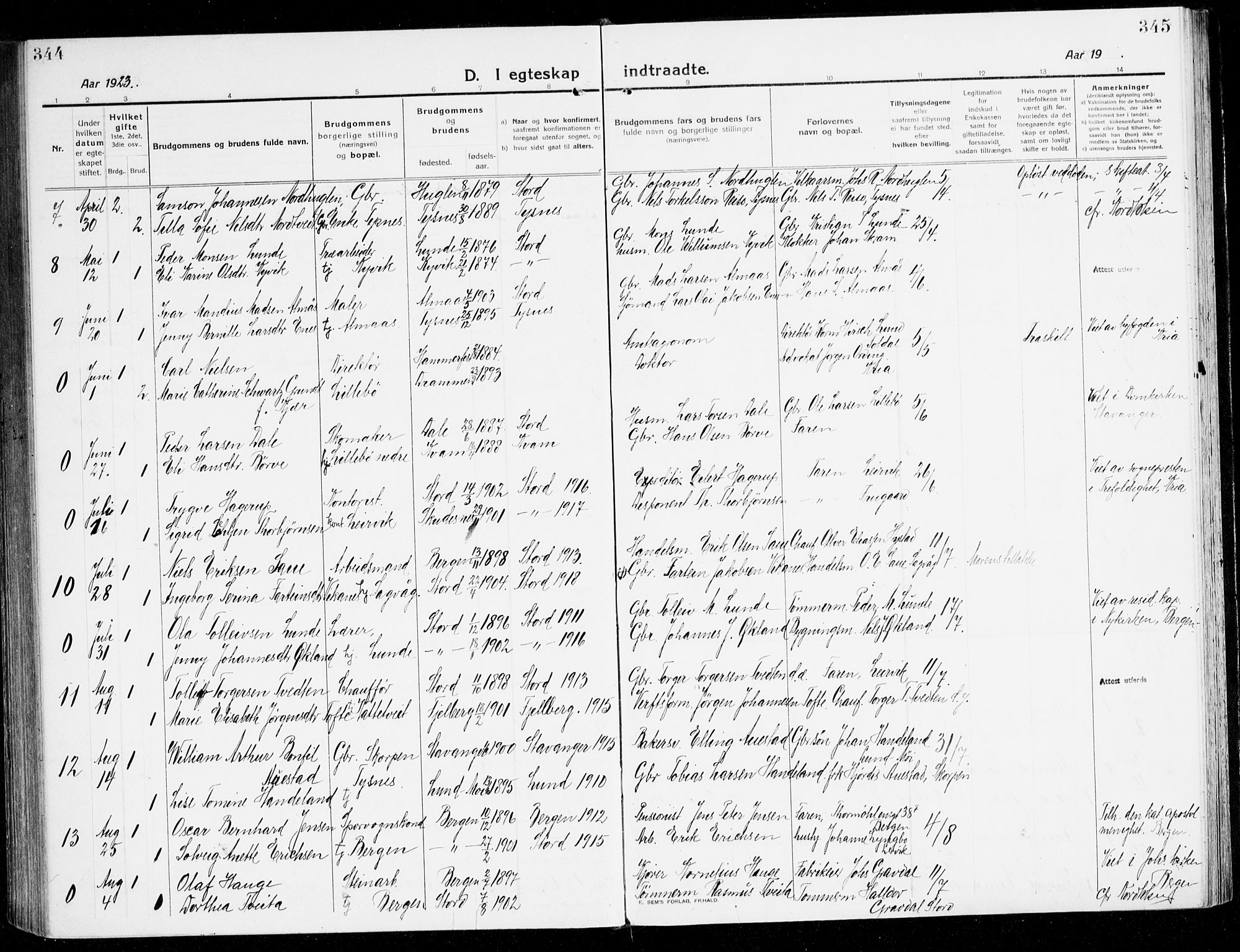 Stord sokneprestembete, AV/SAB-A-78201/H/Haa: Parish register (official) no. B 3, 1913-1925, p. 344-345